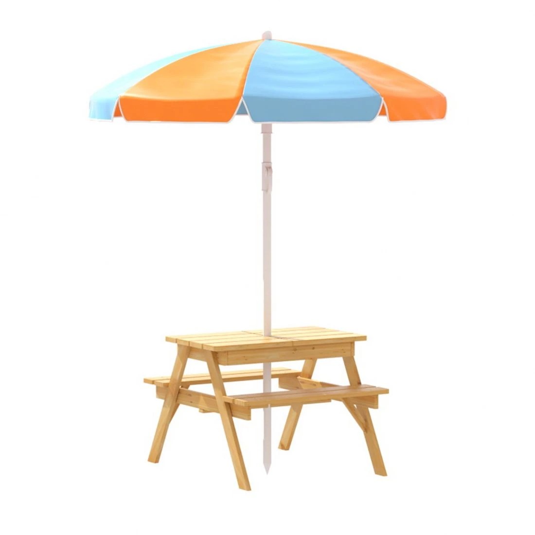 1 Keezi Kids Outdoor Table and Chairs Picnic Bench Umbrella Set Water Sand Pit Box - Natural, 1 of 7