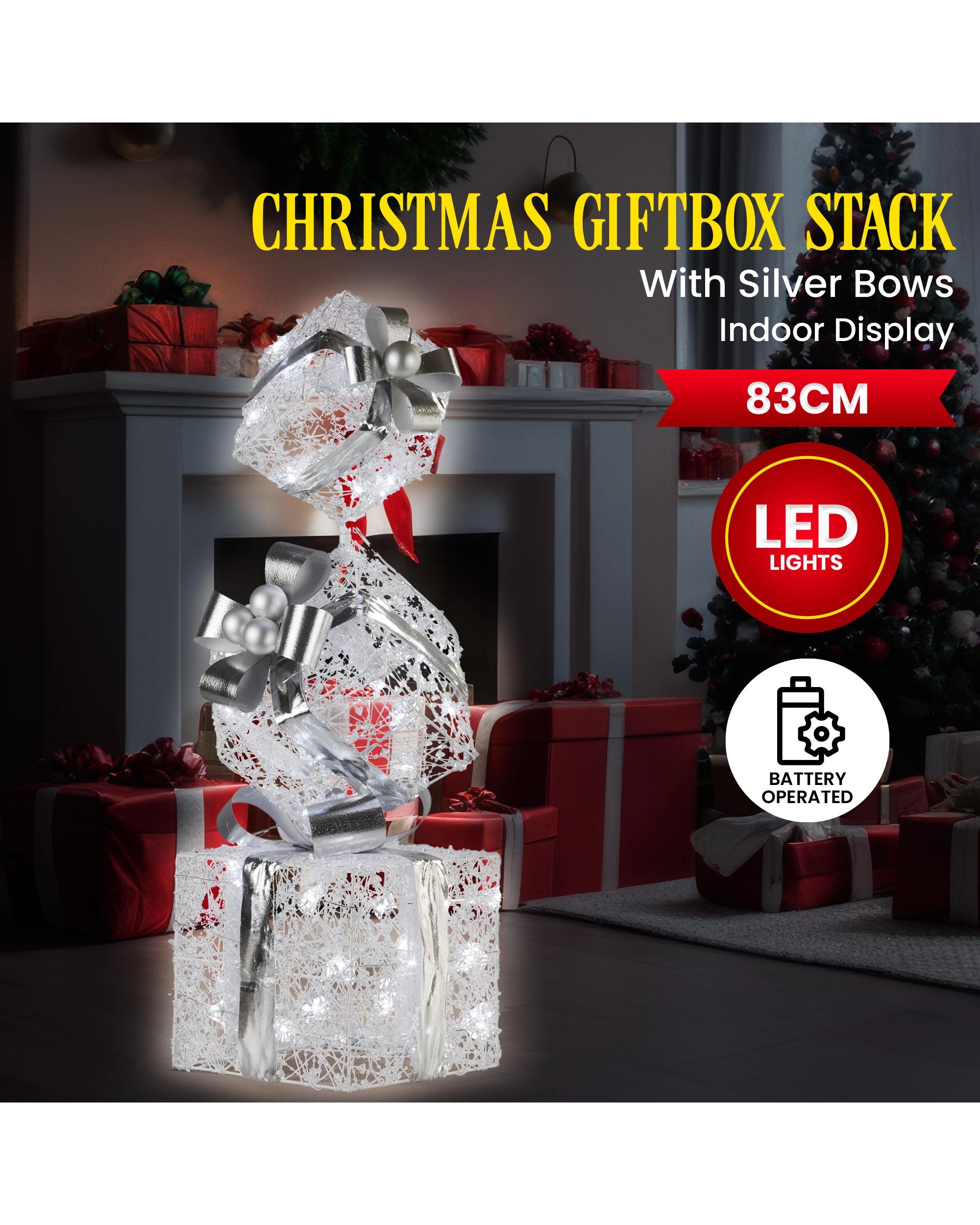 3 Christabelle 83cm Triple Christmas Silver Giftbox Stack Display With Lights, 3 of 7