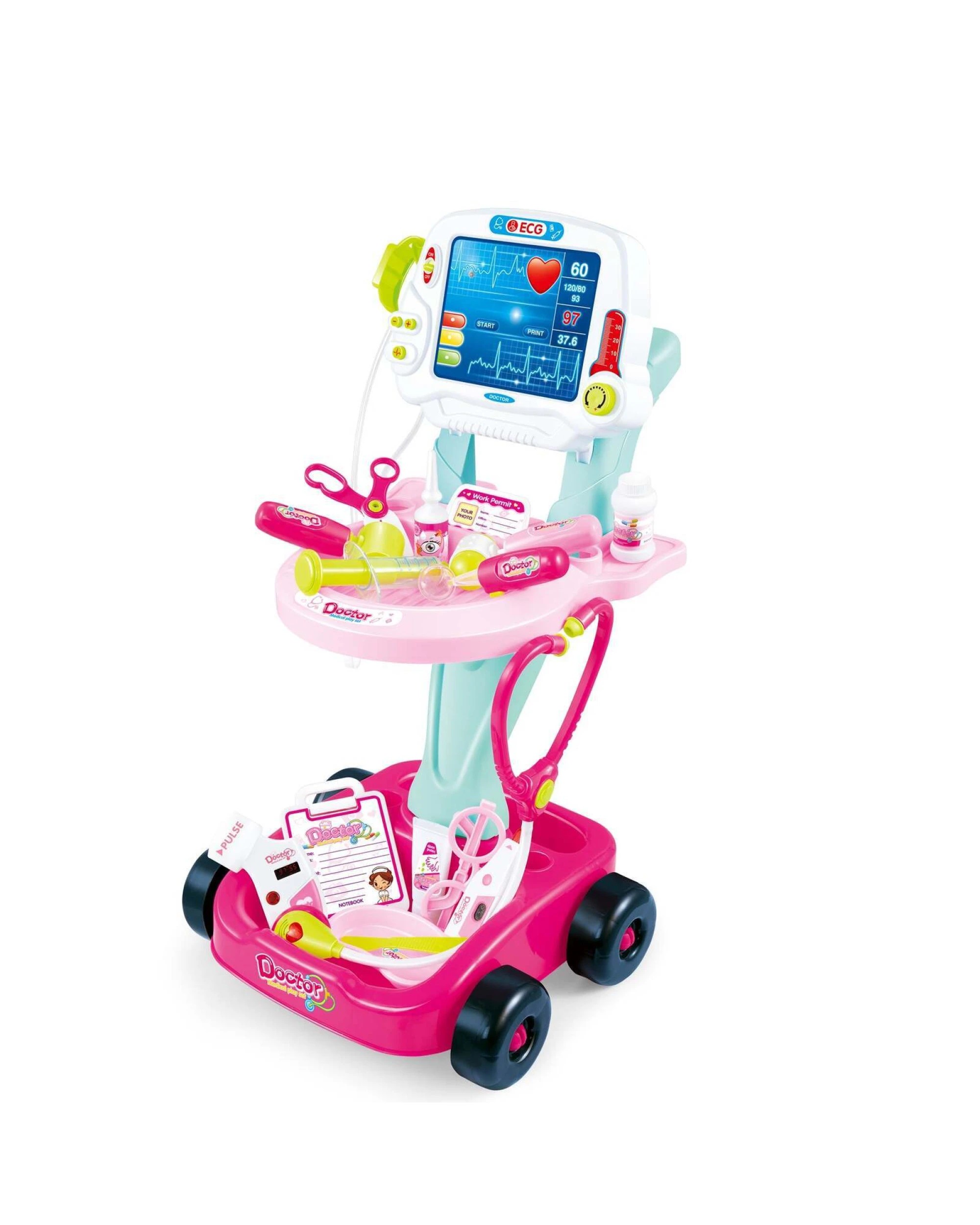 5 Lenoxx Medical Cart With Lights Sounds 17 Accessories Portable Kids Toy 58cm - Pink, 5 of 6