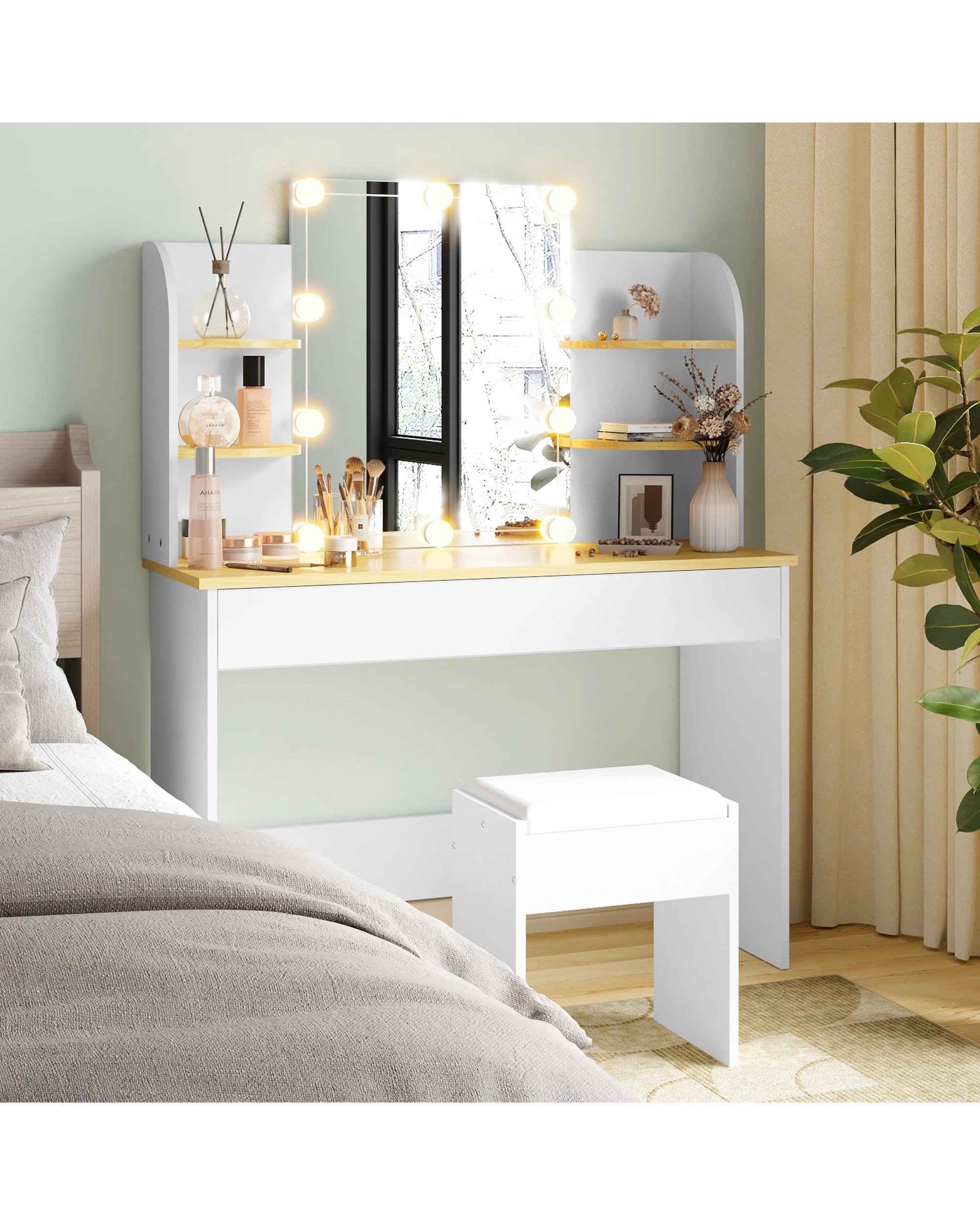 2 Advwin Dressing Table Stool Led Bulbs Makeup Mirror Vanity Desk With Open Shelves And Drawers Dresser - White, 2 of 10