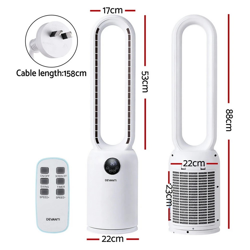 2 Devanti 2in1 Bladeless Fan Air Purification W/ Remote 88cm - White, 2 of 7