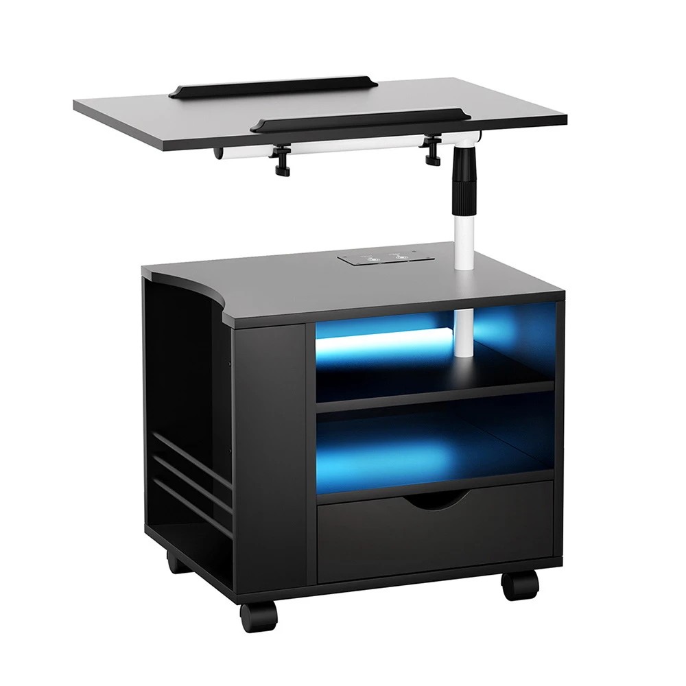 1 Artiss Bedside Table USB Charging with LED Adjustable Laptop Tray - Black, 1 of 5