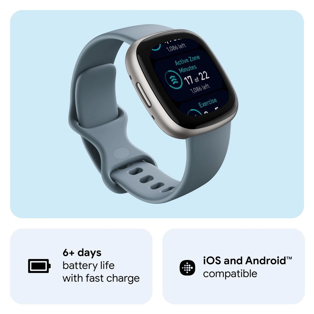 3 Fitbit Versa 4 Smart Watch Blue/Platinum, 3 of 5