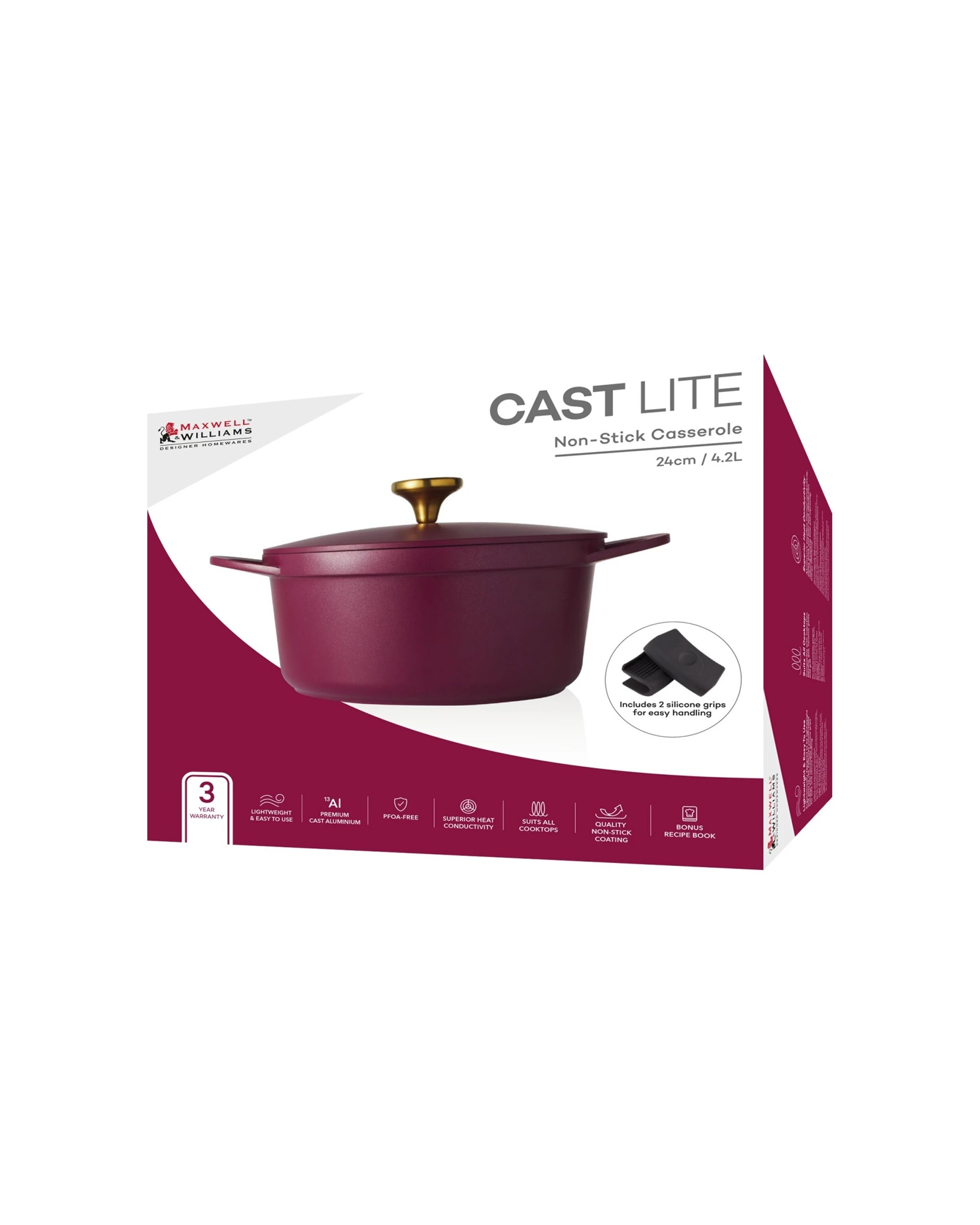 4 Maxwell & Williams Cast Lite Non-Stick Casserole Pan 24cm/4.2L Cherry - Red, 4 of 4