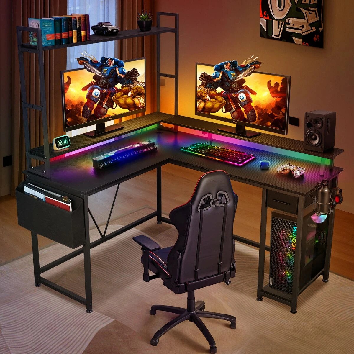 3 Ausway Gaming Desk L Shaped Corner Table with LED Lights Carbon Fibre, 3 of 5