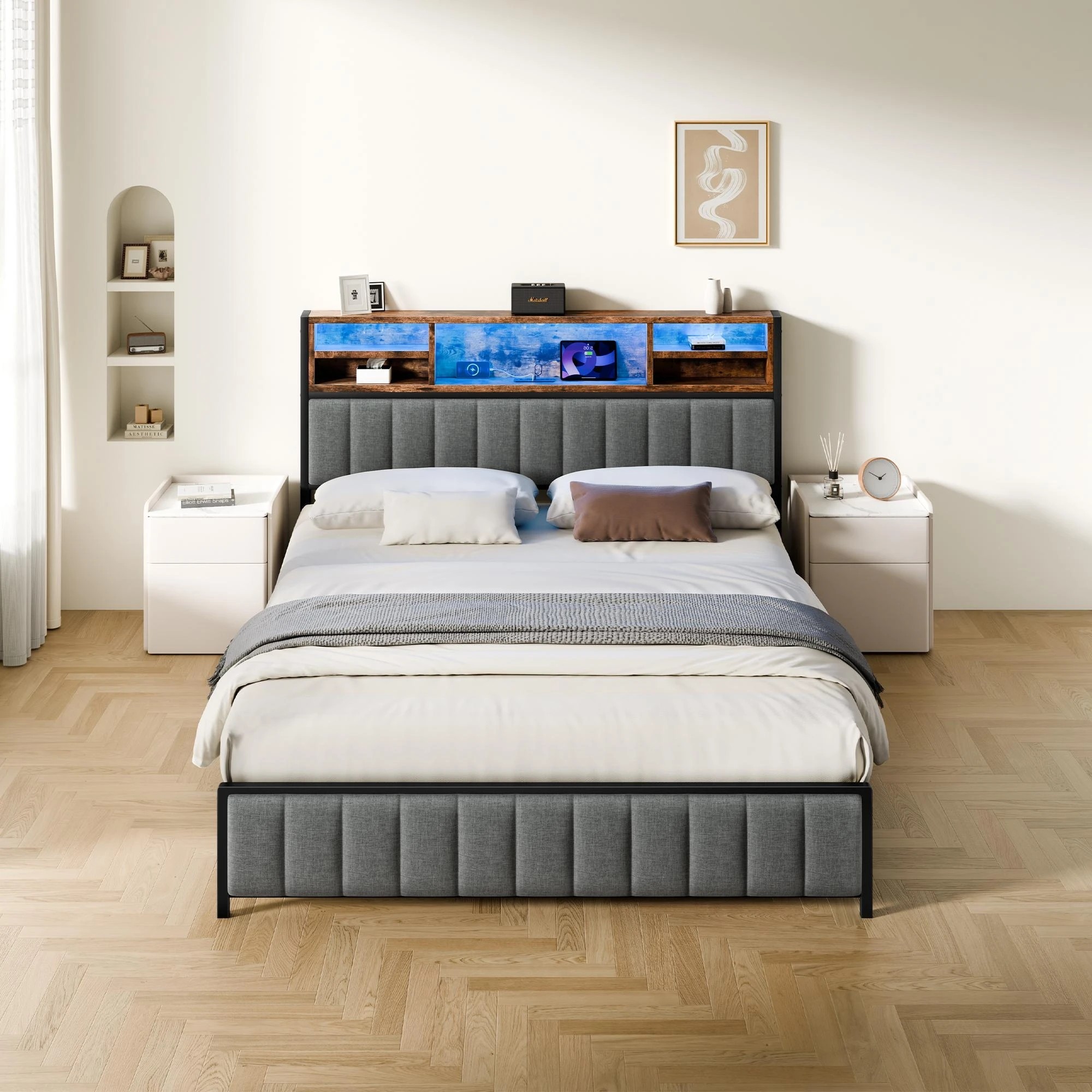4 Alfordson Bed Frame Queen LED Charging Station Linen - Grey, 4 of 10