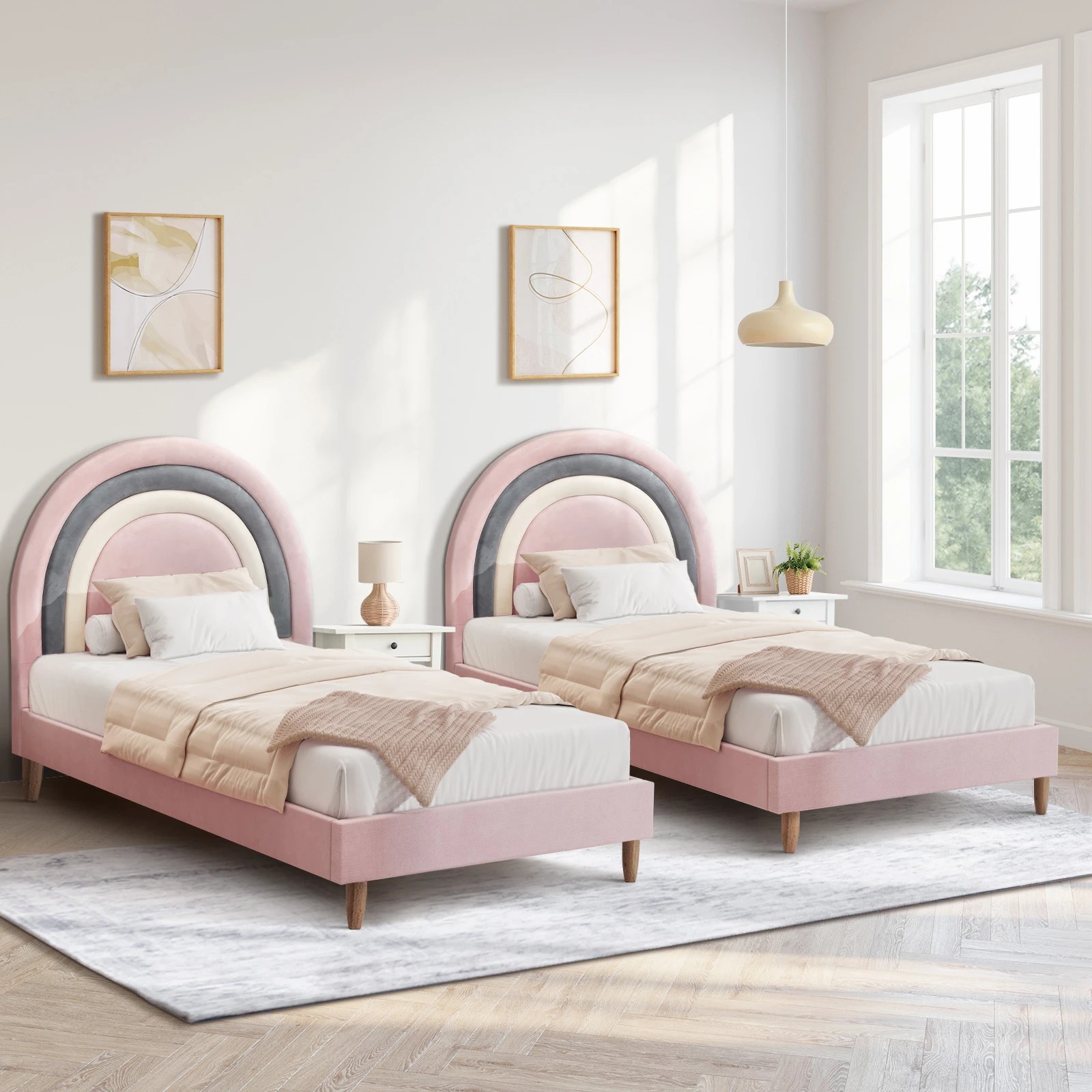 1 Oikiture Bed Frame 2X Single Size Rainbow Kids Bed Frame Velvet - Pink, 1 of 6