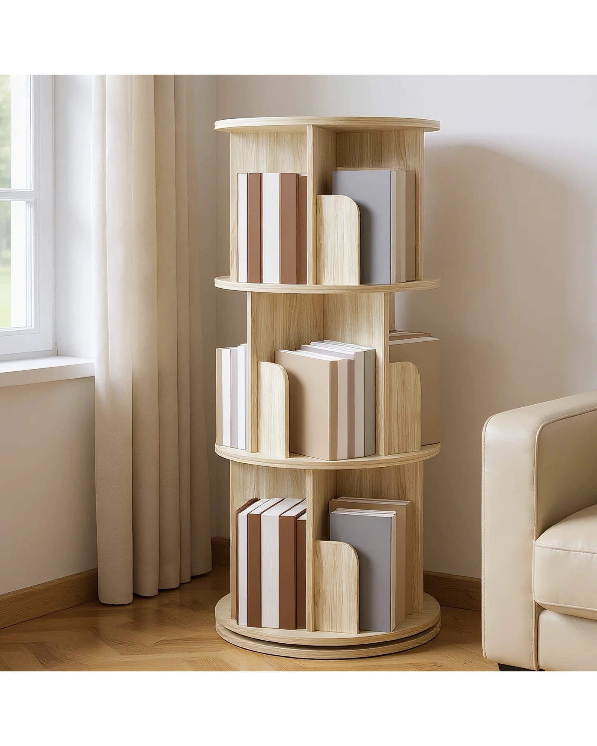 3 Advwin 3 Tiers Bookshelf Rotating Corner Bookcase Cabinet Revolving Display Stand Rack Oak, 3 of 8