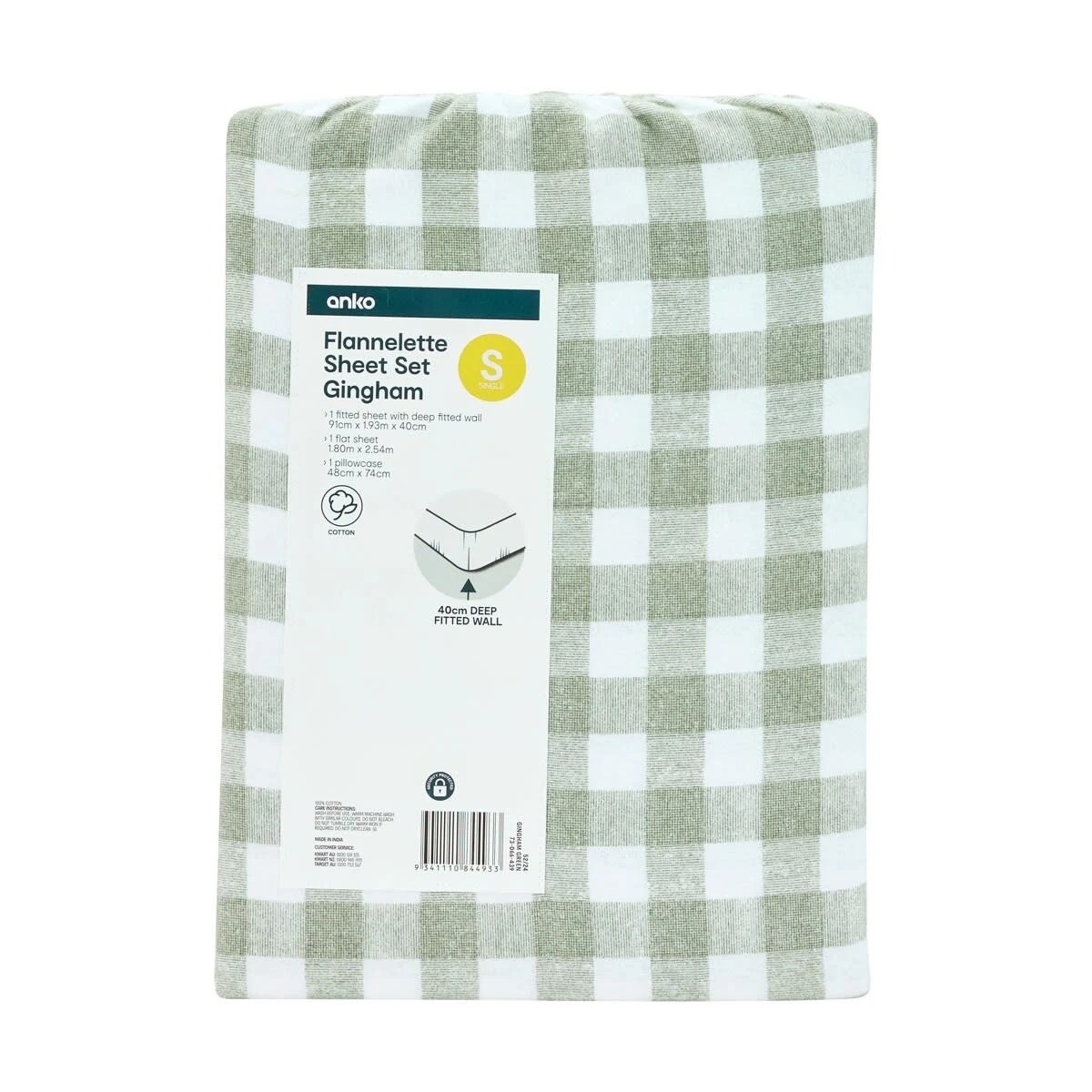 7 Gingham Cotton Flannelette Sheet Set - Single Bed, Green, 7 of 7