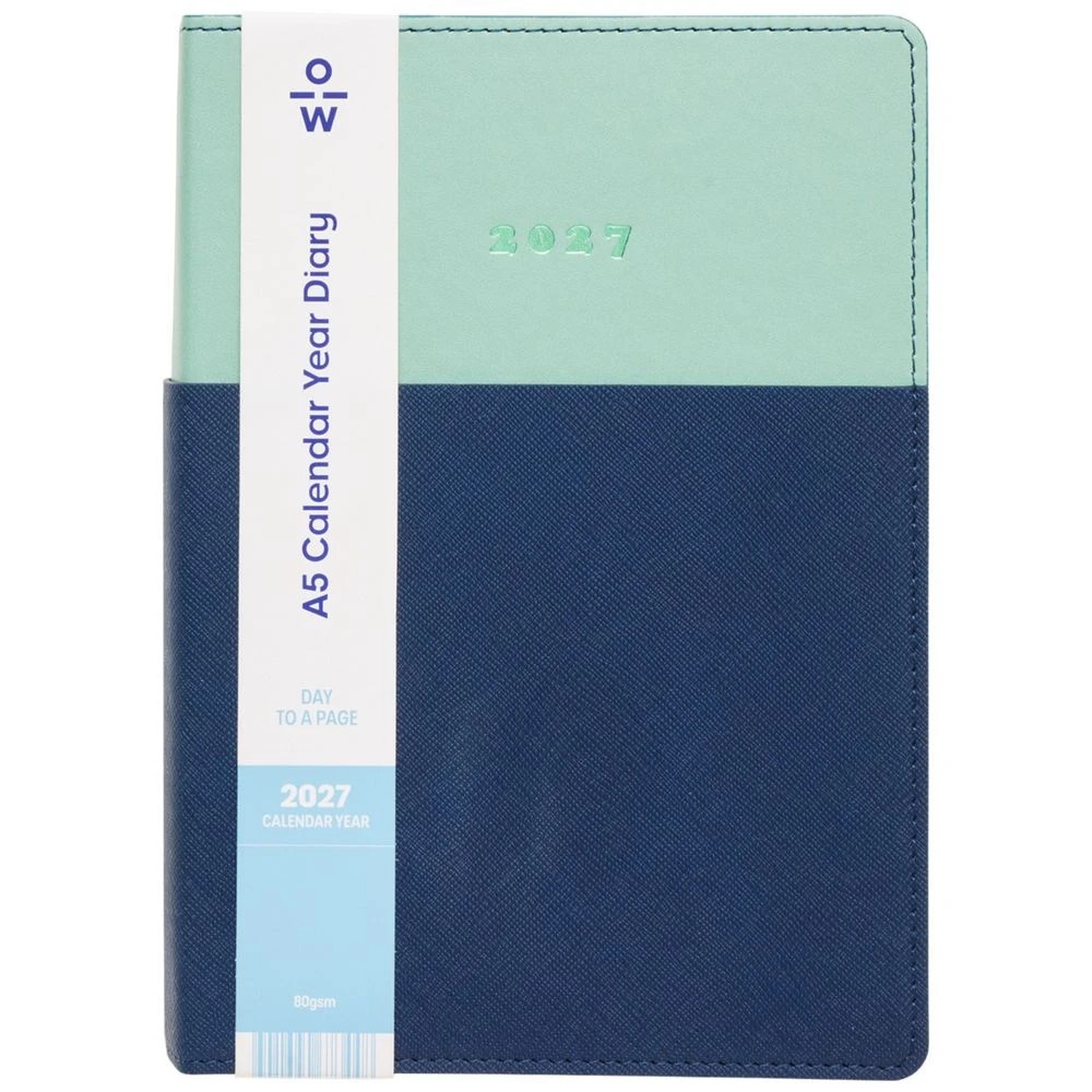 1 Officeworks A5 Day to Page 2027 Premium Diary Green/Navy, 1 of 7