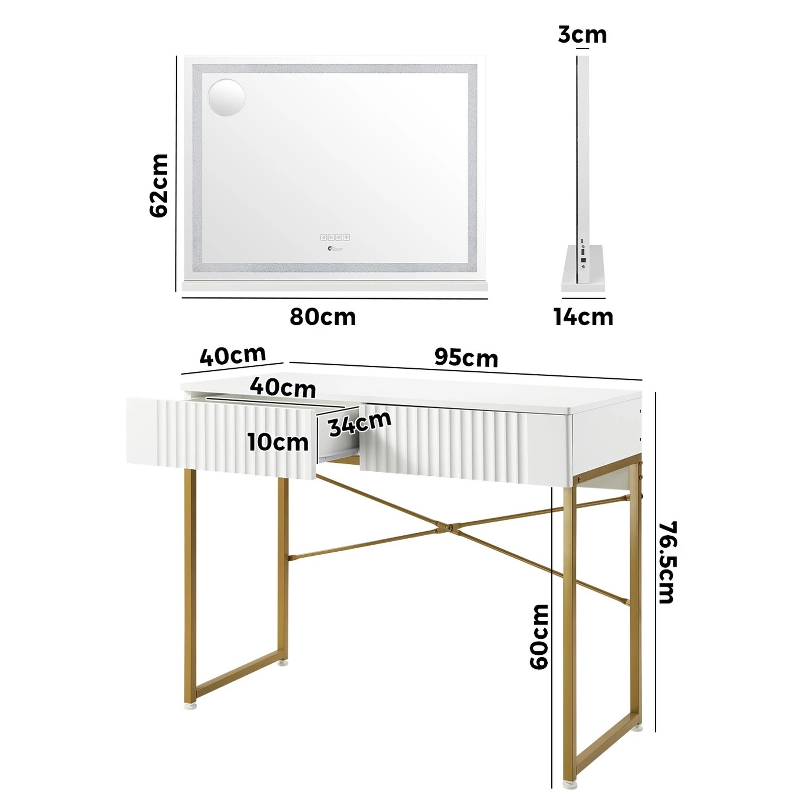 2 Oikiture Dressing Table Bluetooth Makeup Mirror 80x62cm Crystal Vanity Mirrors - White, 2 of 8