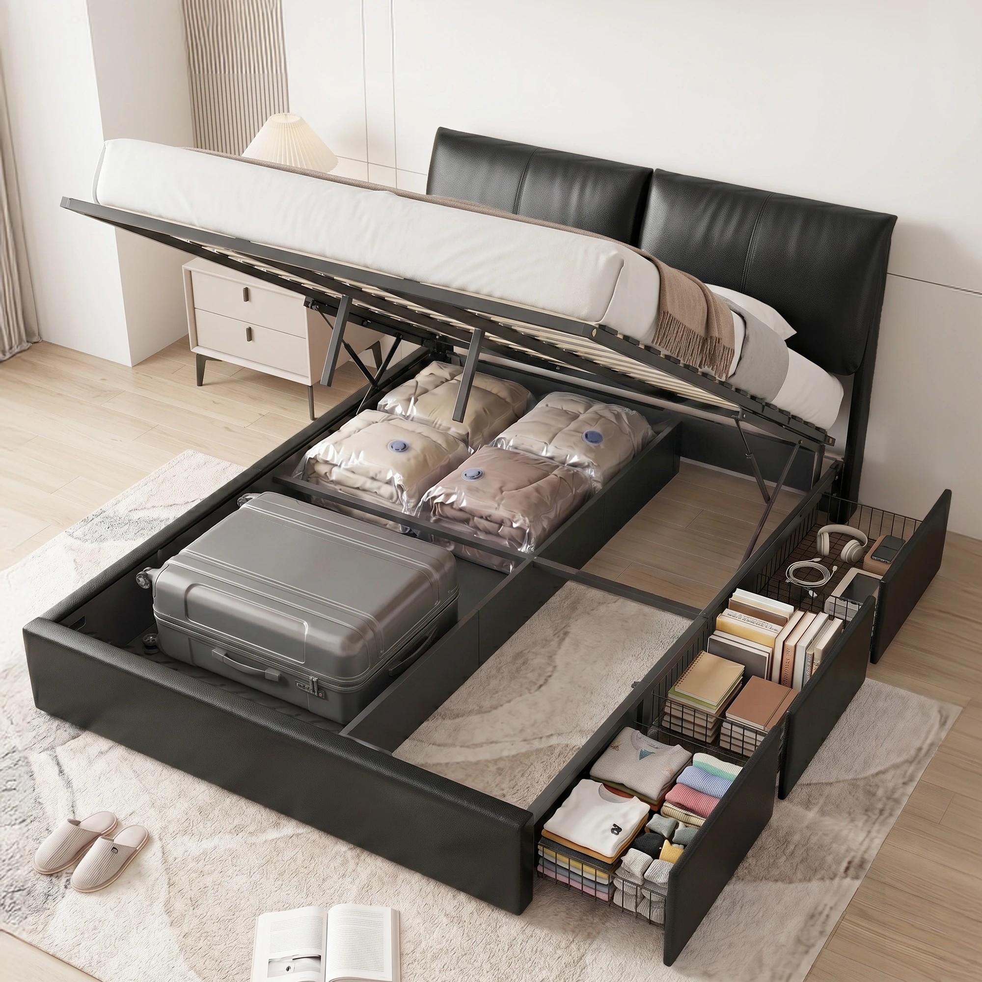3 Artiss Queen Bed Frame Gas Lift Storage 3 Drawers Adjustable Headboard Platform Bed - Black, 3 of 9
