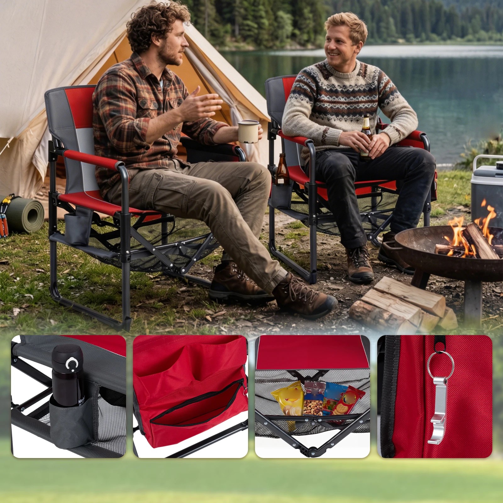 5 Costway Outdoor Camping Chair Folding Lawn Chair w/Cup Holder & Pocket Bottle - Red, 5 of 6