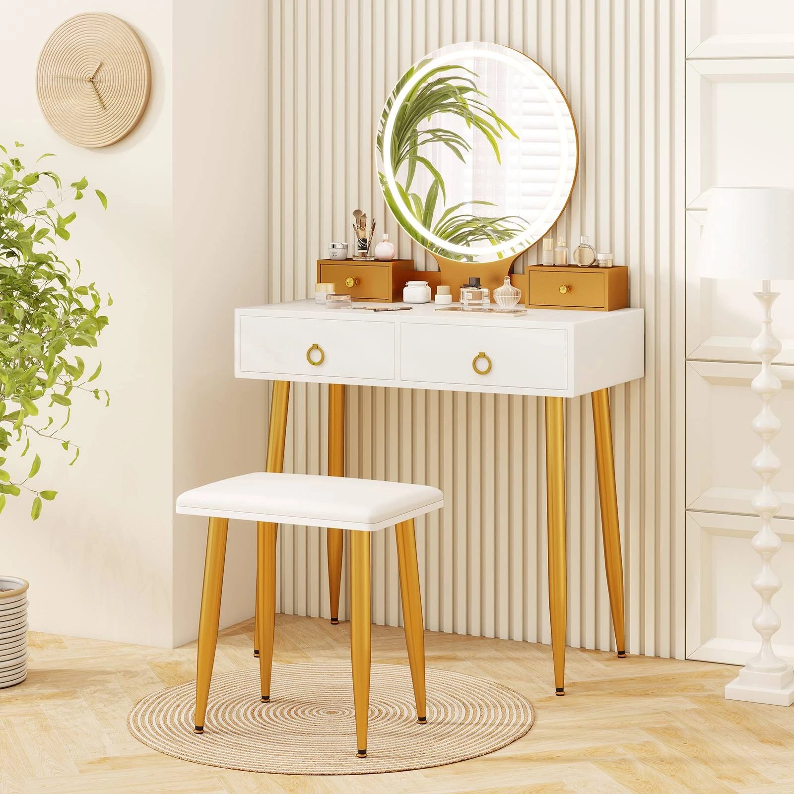 3 Costway 3-Color LED Makeup Vanity Desk Set w/Touch Mirror Dressing Table & Cushioned Stool, 3 of 3