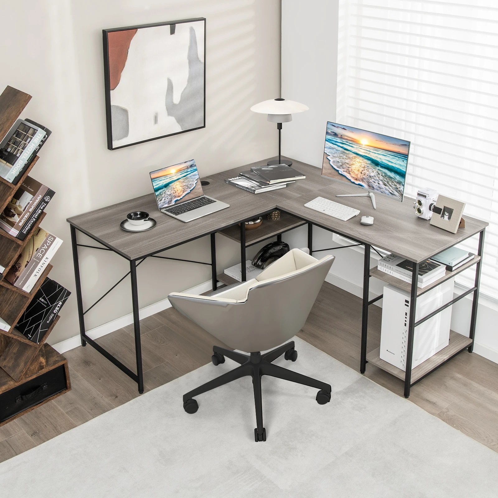 3 Costway L-shaped Computer Desk 2-Person Convertible Corner Desk w/Storage Shelves, 3 of 4