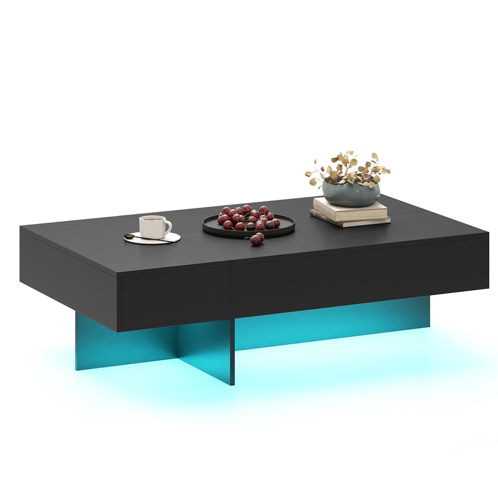 6 Costway Modern Coffee Table w/LED High-Gloss Accent Center Table Faux Marble - Black, 6 of 6