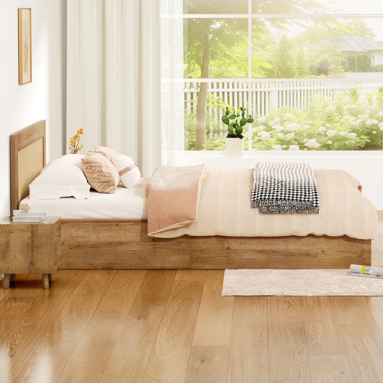 6 Alfordson Wooden Bed Frame Queen Size Rattan Bed Base with Storage Drawers - Oak, 6 of 10