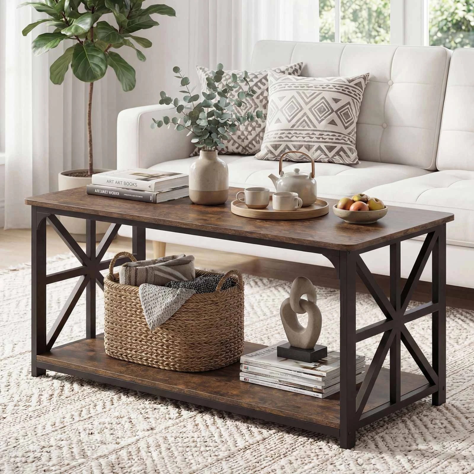 4 Costway 2-Tier Coffee Table Industrial Center Table X Side Frame - Brown, 4 of 4