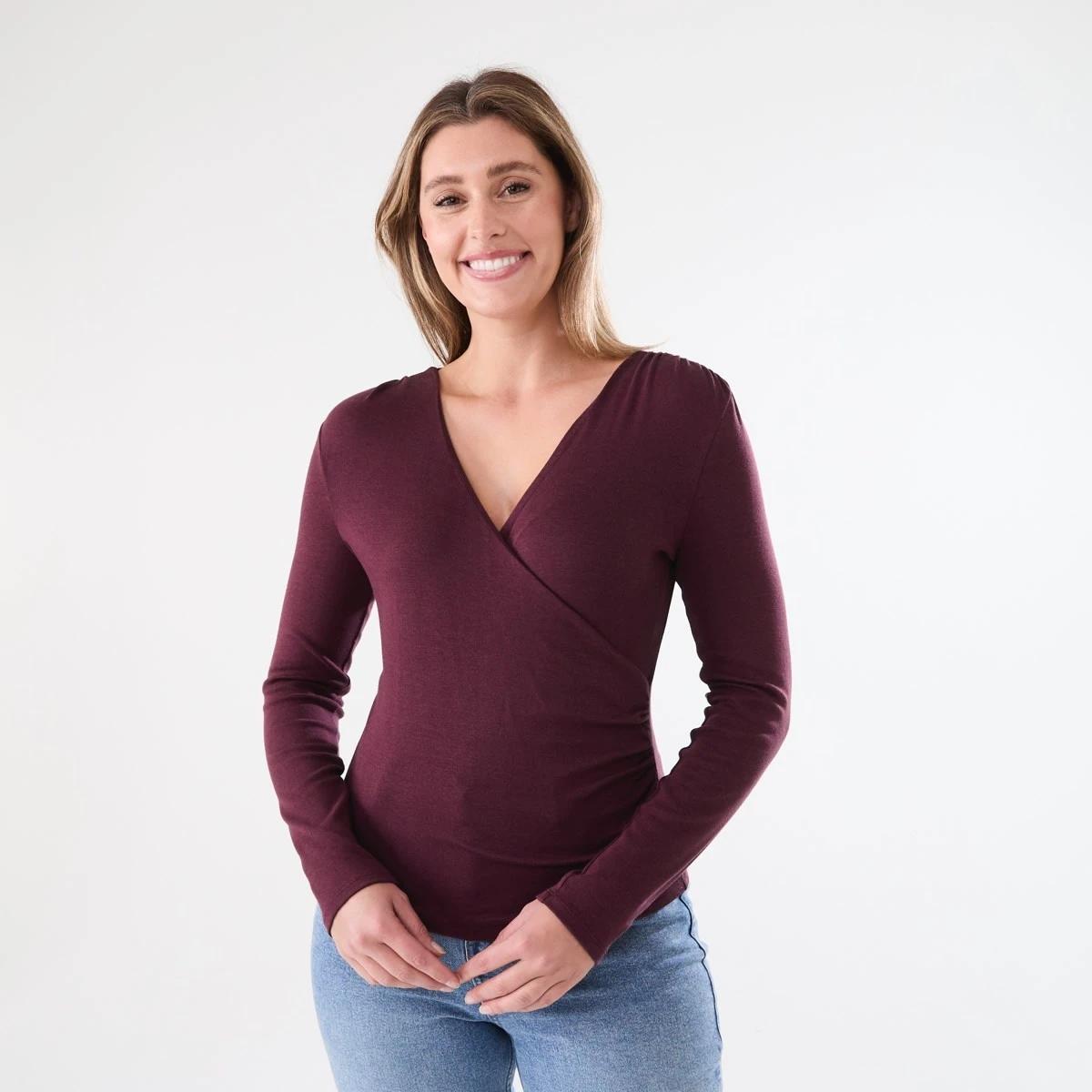 1 Long Sleeve Ruched Wrap Top Burgundy, 1 of 5