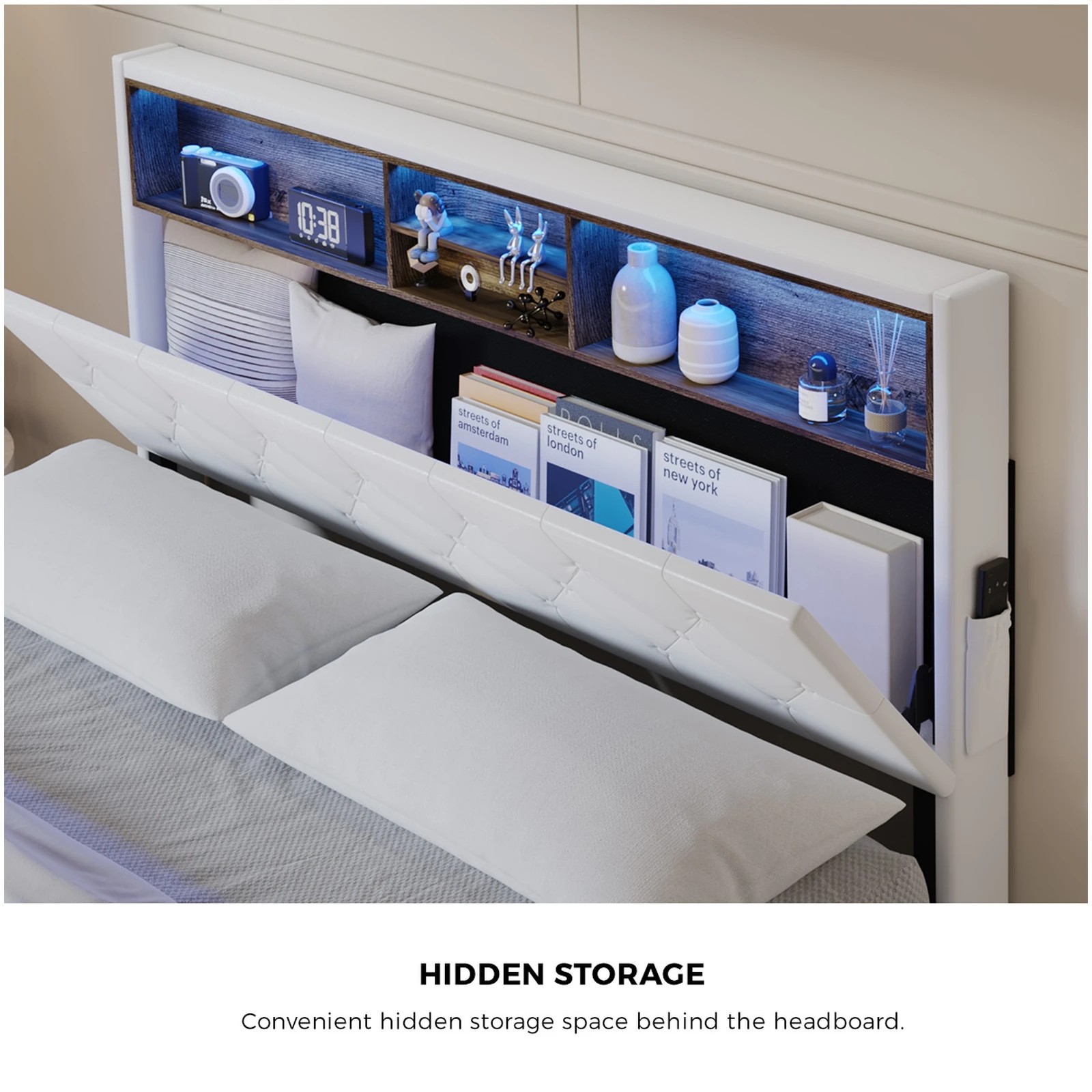 5 Oikiture Bed Frame Double Size with LED Storage Bedhead - White, 5 of 9