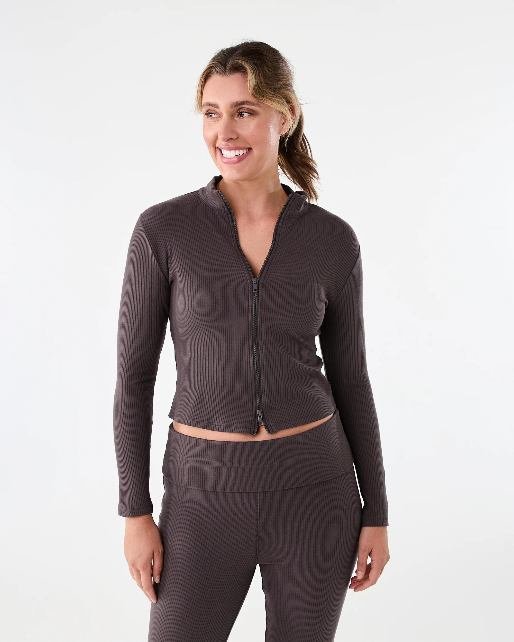 2 Active Womens Ribbed Zip Through Long Sleeve Top Espresso, 2 of 10
