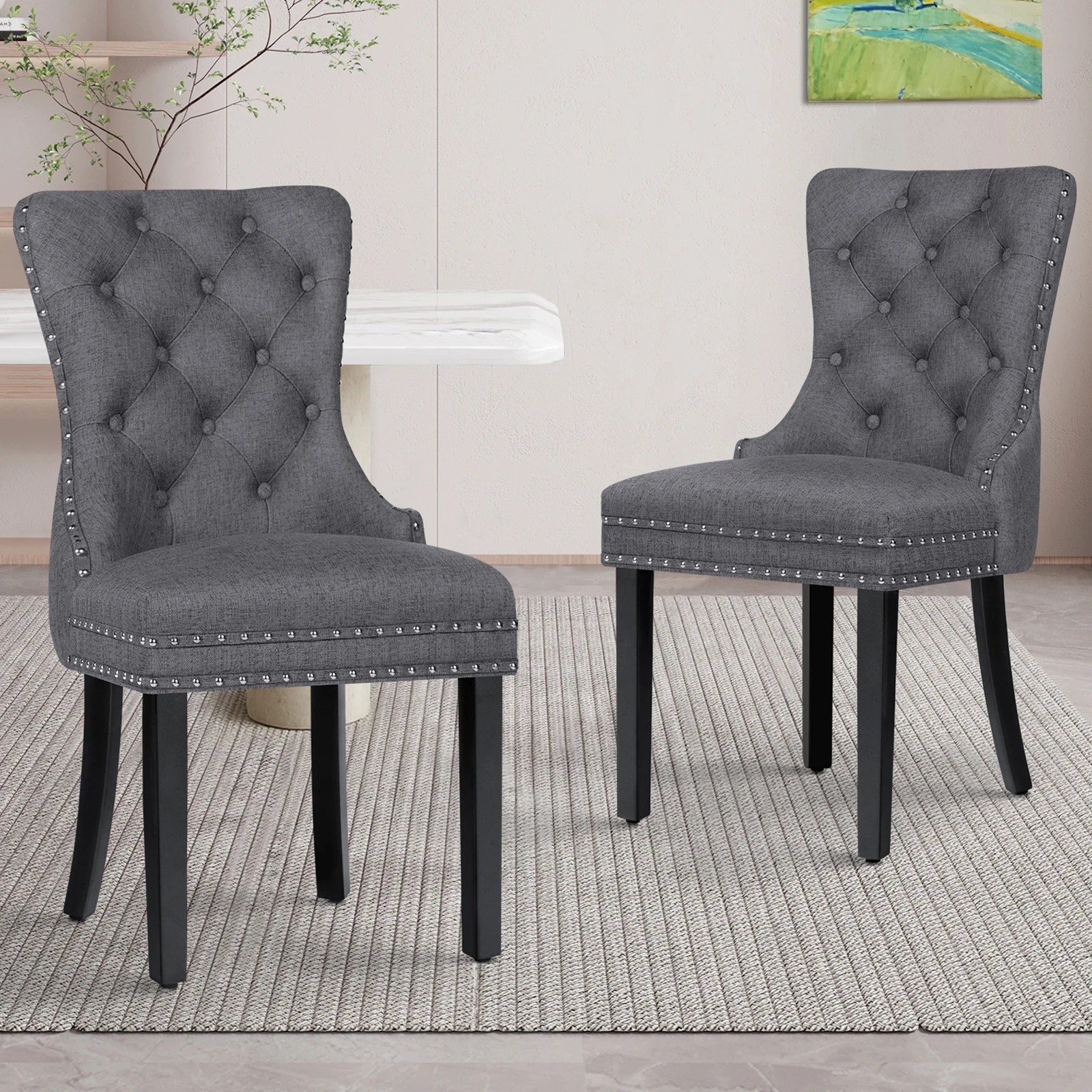 2 Alfordson 2x Dining Chair Kitchen Lounge Retro Button Tufted Wooden Fabric - Grey, 2 of 10
