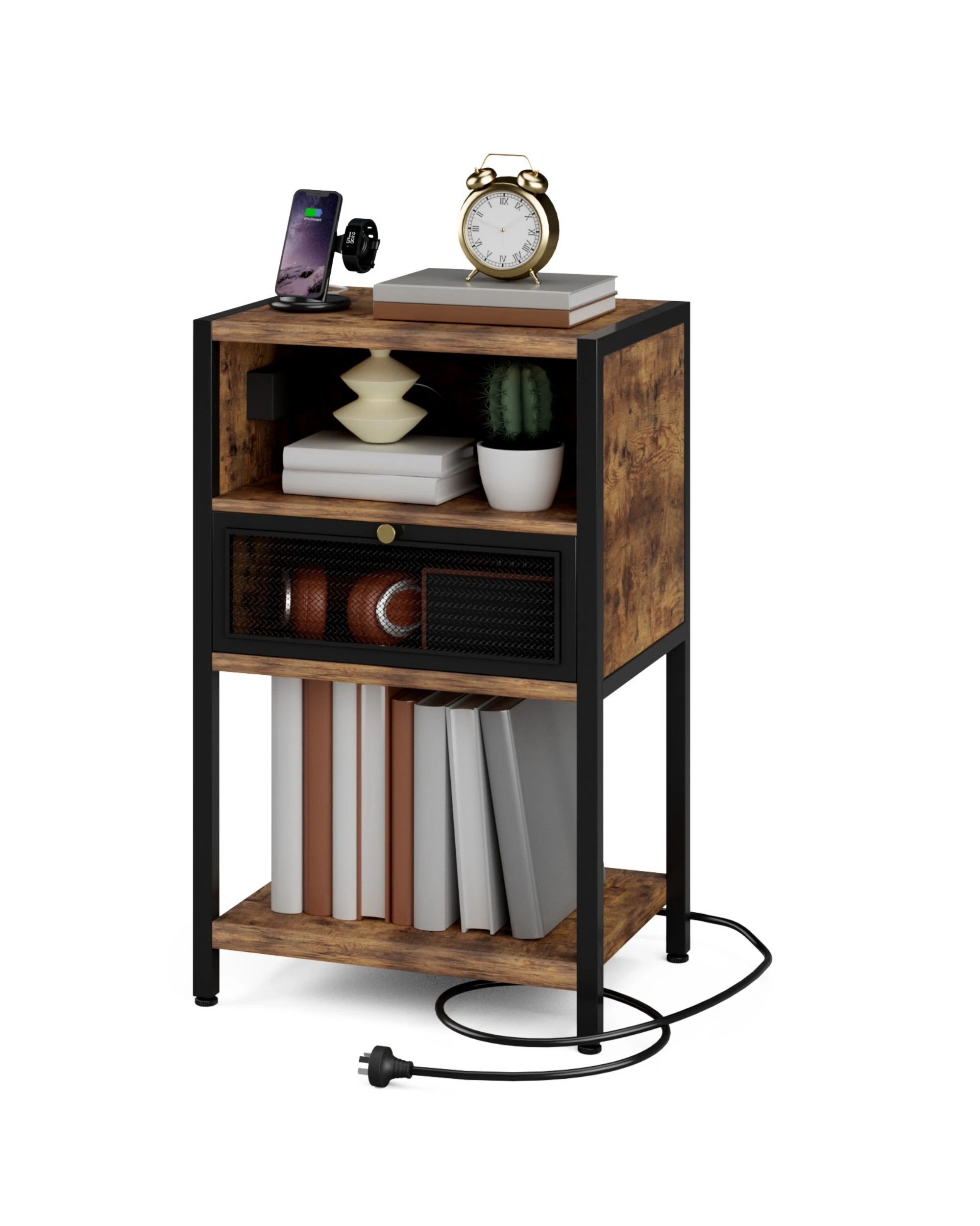 4 Advwin 2x Bedside Table with Charging Station Metal Mesh Drawer Nightstand Side Table - Brown, 4 of 9