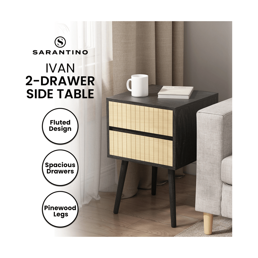 9 Sarantino Ivan Bedside Table Night Stand - Black Natural, 9 of 9
