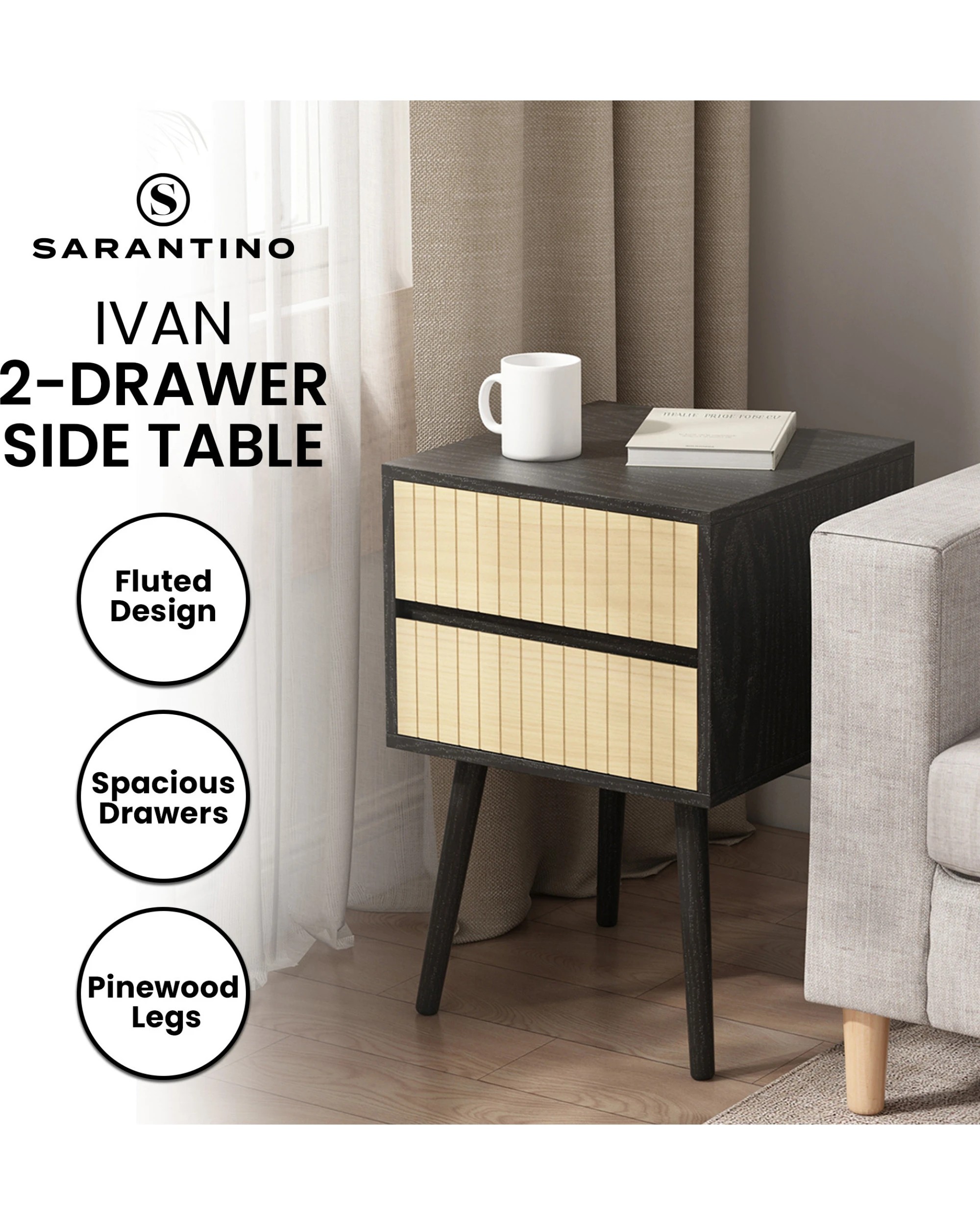 9 Sarantino Ivan Bedside Table Night Stand - Black Natural, 9 of 9