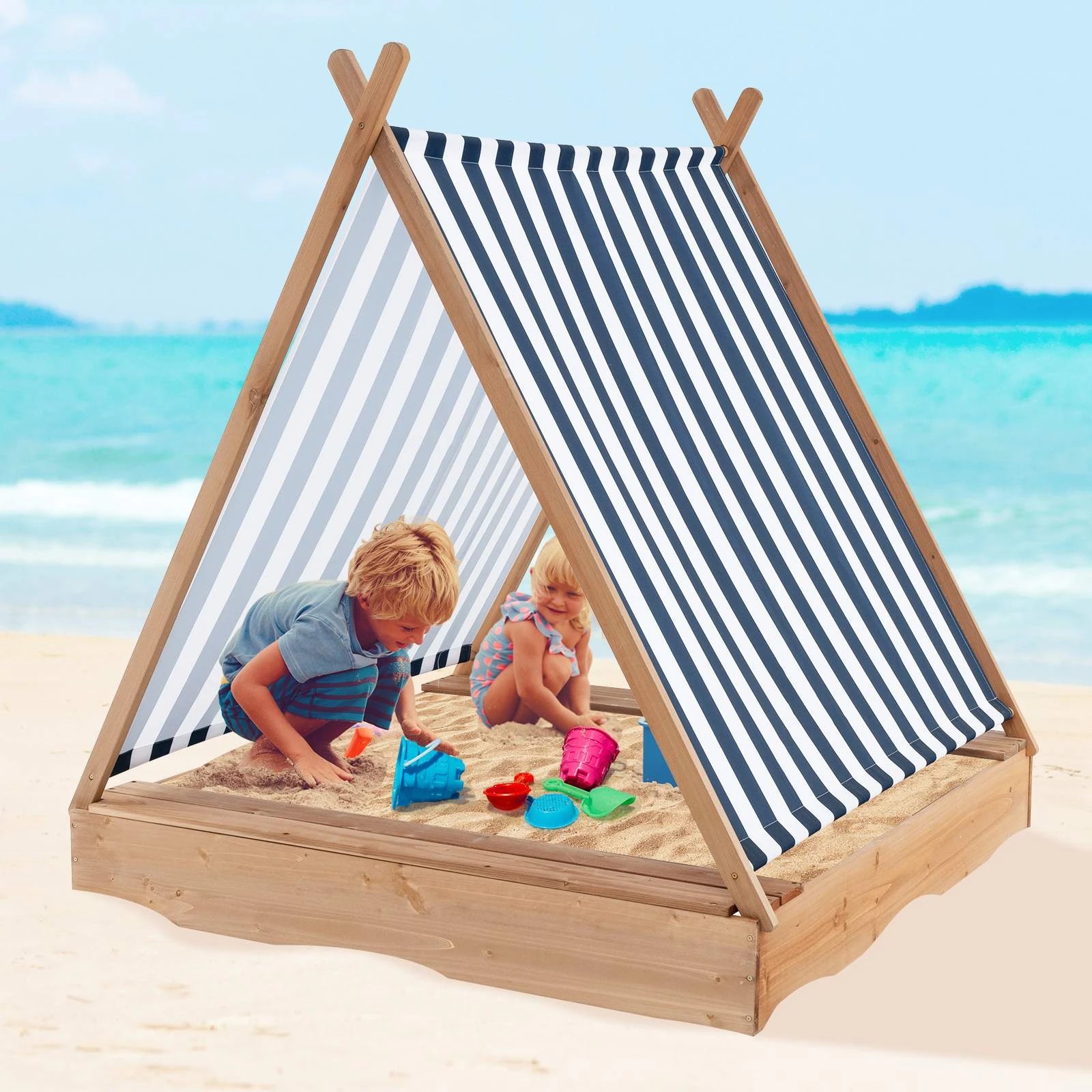 1 Costway Wooden Sandbox Outdoor Cabana Sand Pit w/Canopy & Bench, 1 of 1