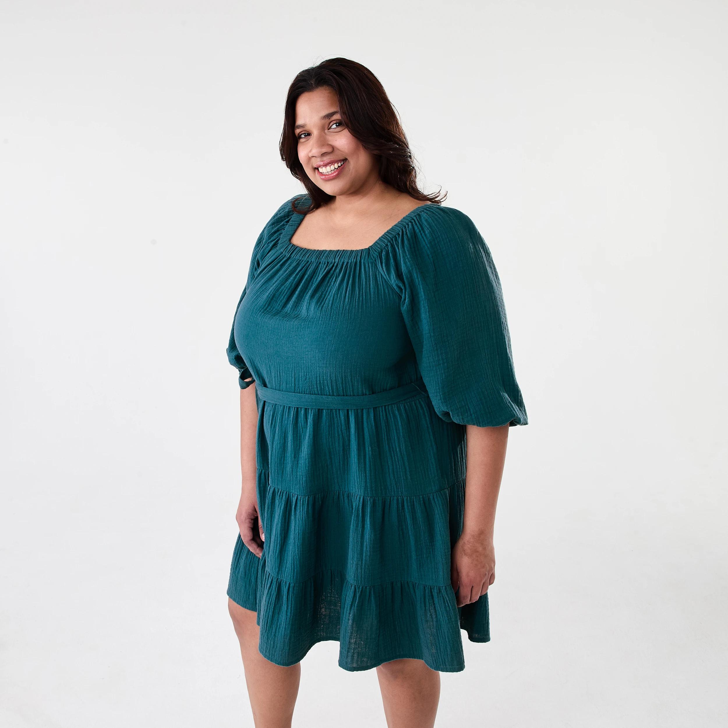 2 Curve Short Sleeve Tiered Double Cloth Midi Dress Teal Coral, 2 of 8