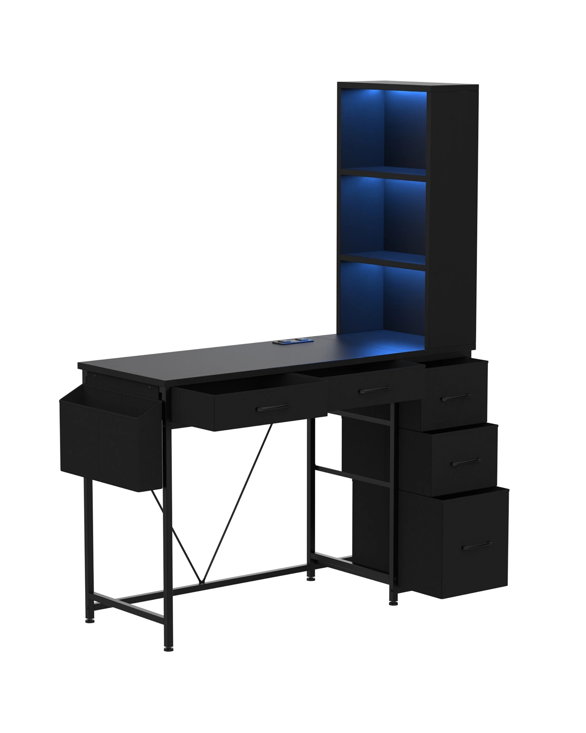 4 Ufurniture LED Gaming Desk with Bookshelf, 4 Drawers & File Cabinet, Reversible Corner Computer Desk for Study - Black, 4 of 9
