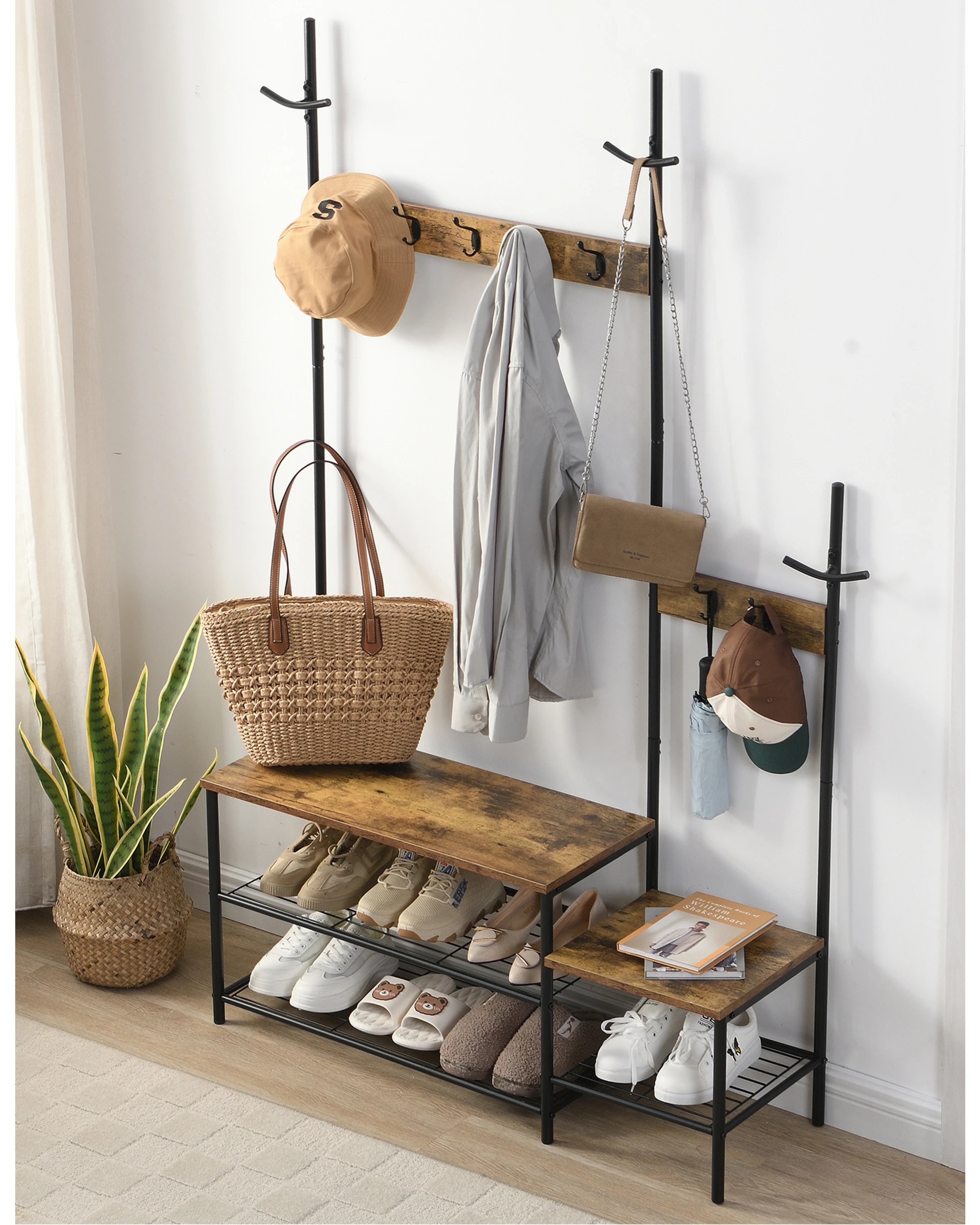 4 IHOMDEC Parent Child Hall Tree Coat Rack Shoe Bench, 2 in 1 Entryway Organizer, 4 of 5