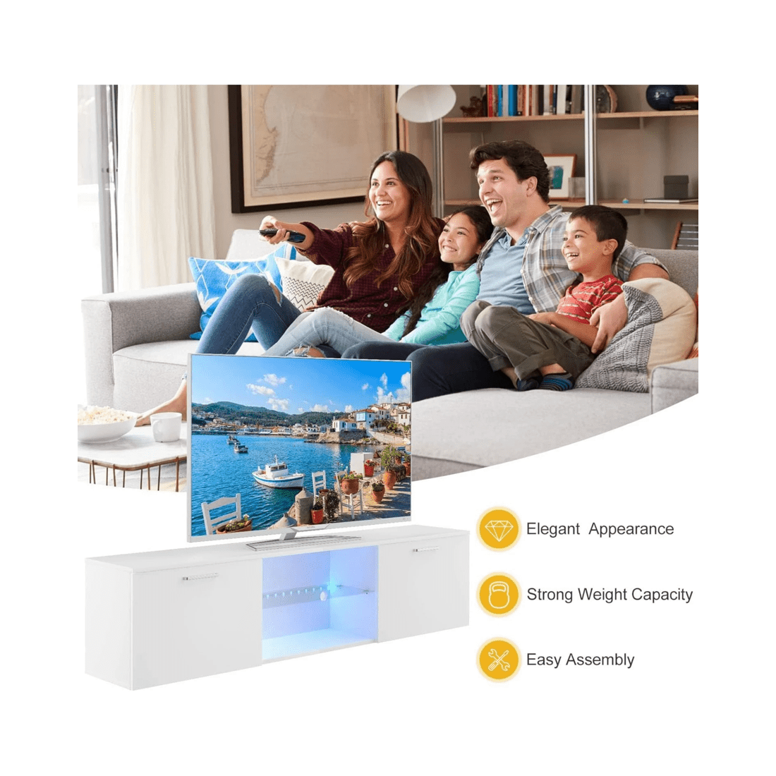 5 Advwin Tv Cabinet 160cm Led Entertainment Unit Stand Glass Shelf White, 5 of 10