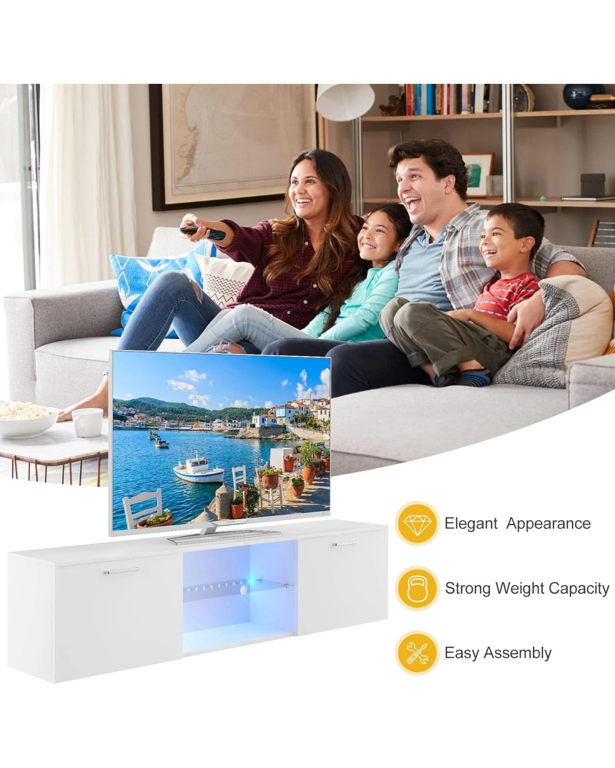 4 Advwin Tv Cabinet 160cm Led Entertainment Unit Stand Glass Shelf White, 4 of 9