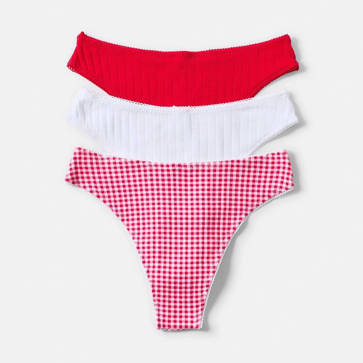 2 3 Pack Pointelle Cheeky Bikini Briefs MINI CHECK RED, WHITE, 2 of 9