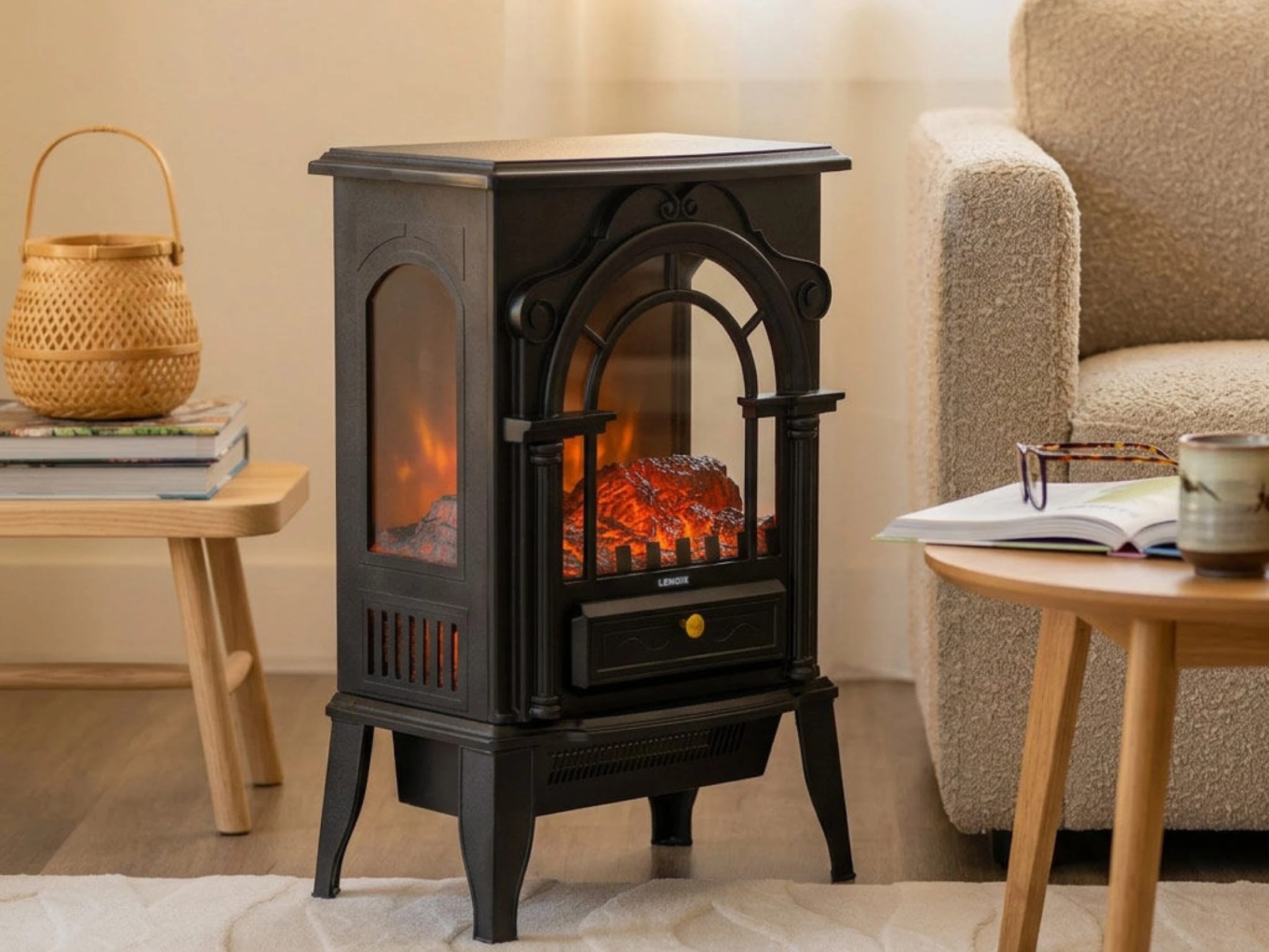 1 Lenoxx Electric 1000W to 2000W Freestanding Fireplace Heater with Panoramic 3 Sided Glass Design, 1 of 2