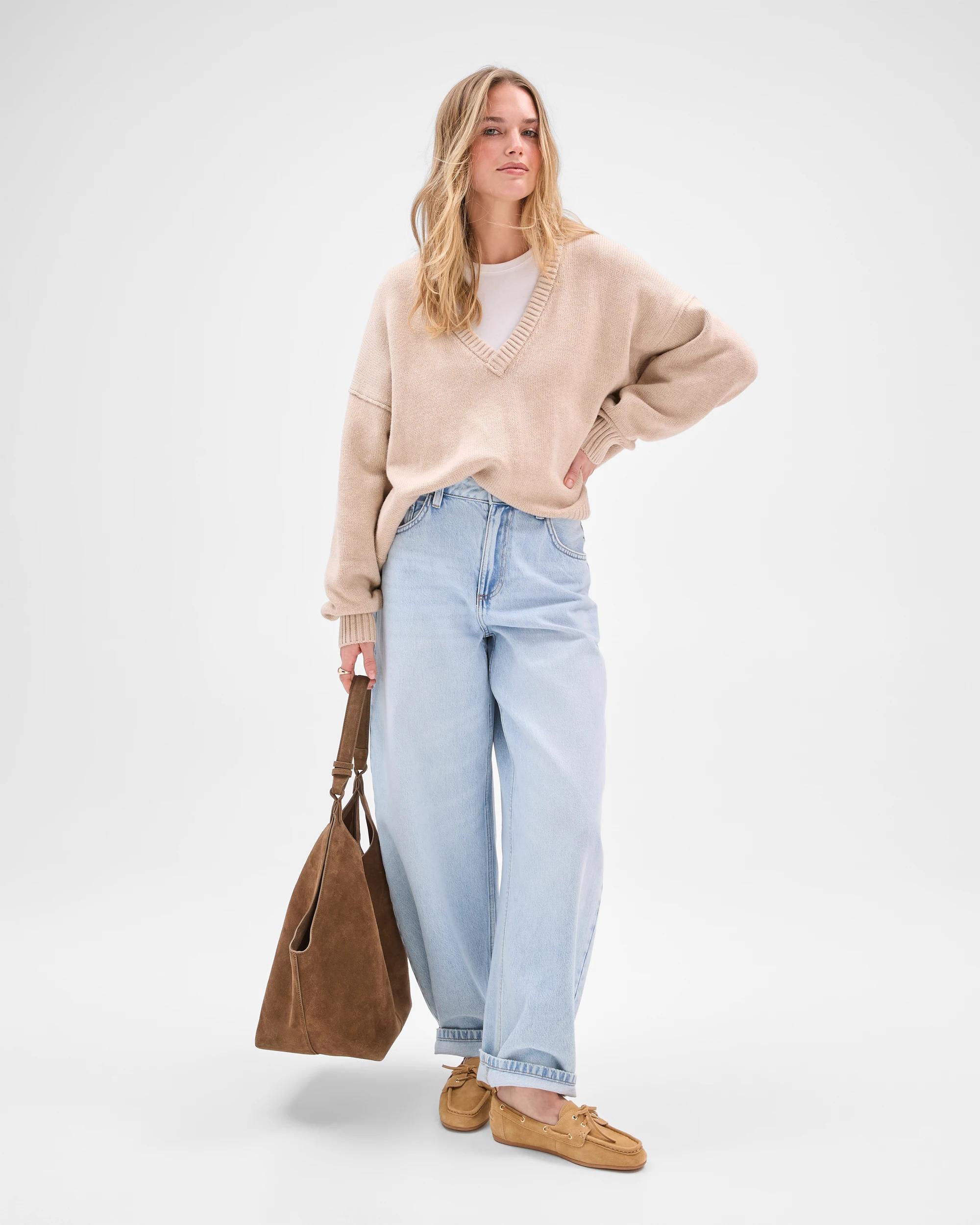 2 Lily Loves Australian Cotton Blend Deep V-Neck Jumper OATMEAL MARLE, 2 of 7