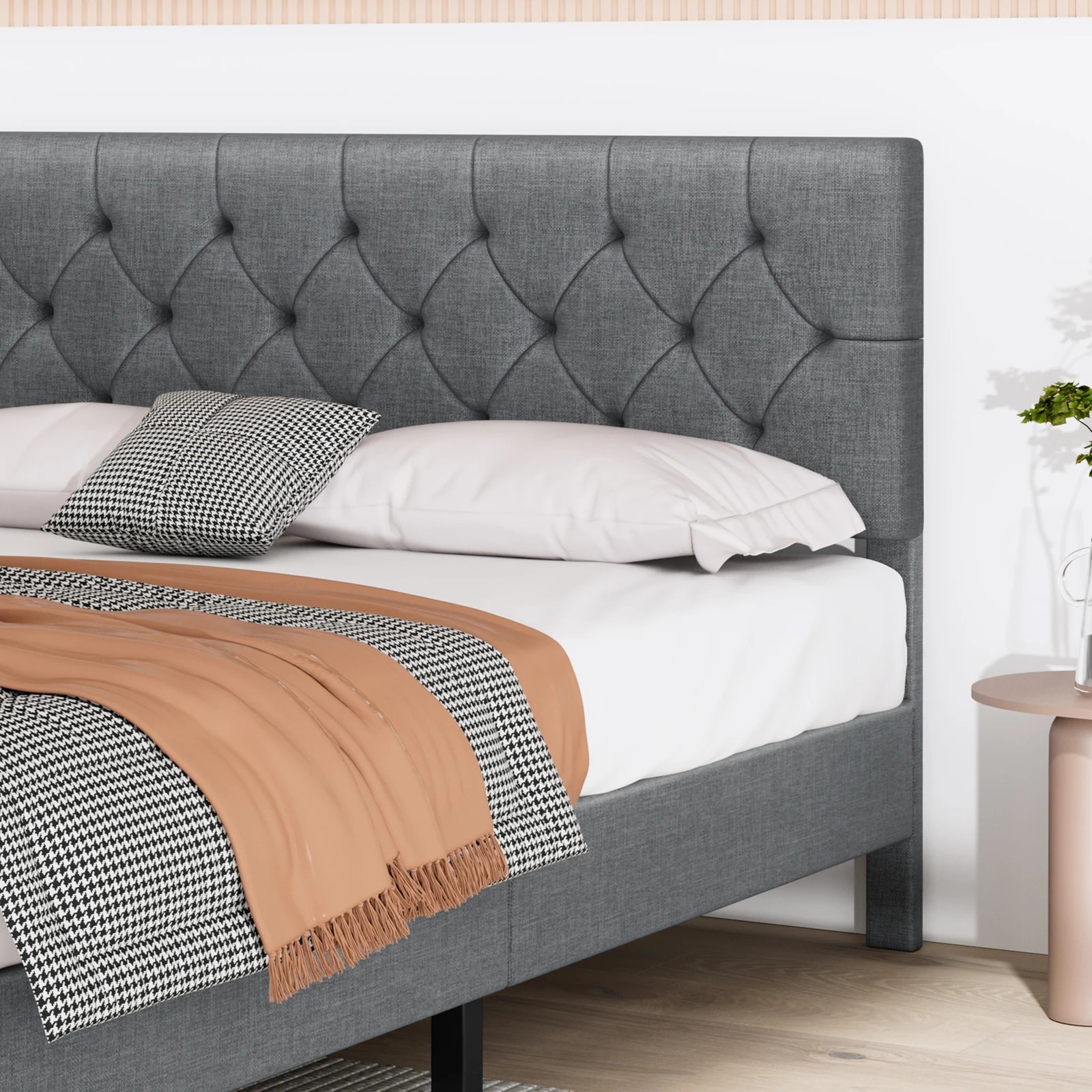 3 Alfordson Bed Frame Queen Size Tufted Headboard Modern Fabric Meduna - Grey, 3 of 9