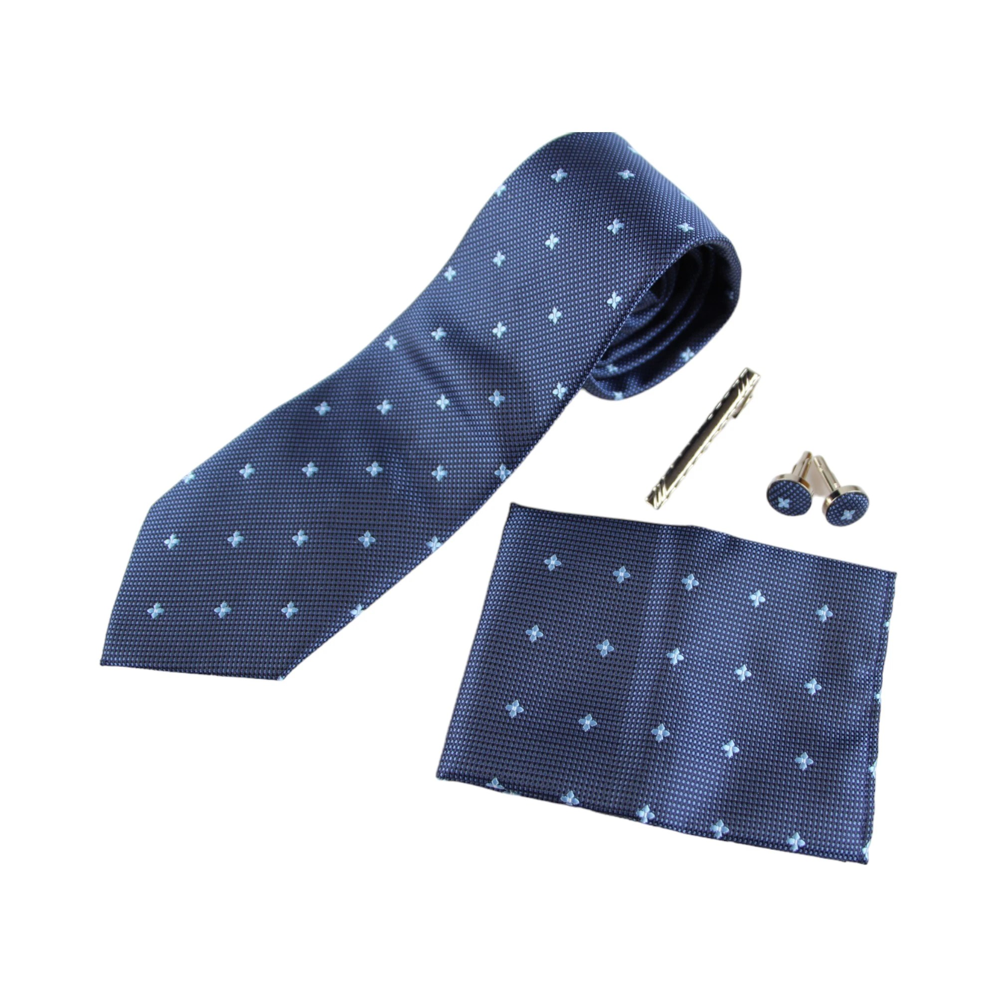 2 Zasel Mens Blue Dotted And Floral Matching Neck Tie, Pocket Square, Cuff Links And Tie Clip Set - Multi - Multi, 2 of 4