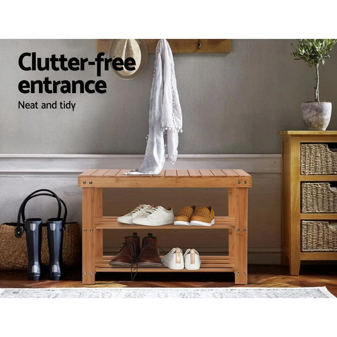 5 Artiss Shoe Rack Shoe Bench 10 Pairs Bamboo Entryway Storage Seat Easy Clean Sturdy Bedside Table Eco-friendly - Brown, 5 of 8