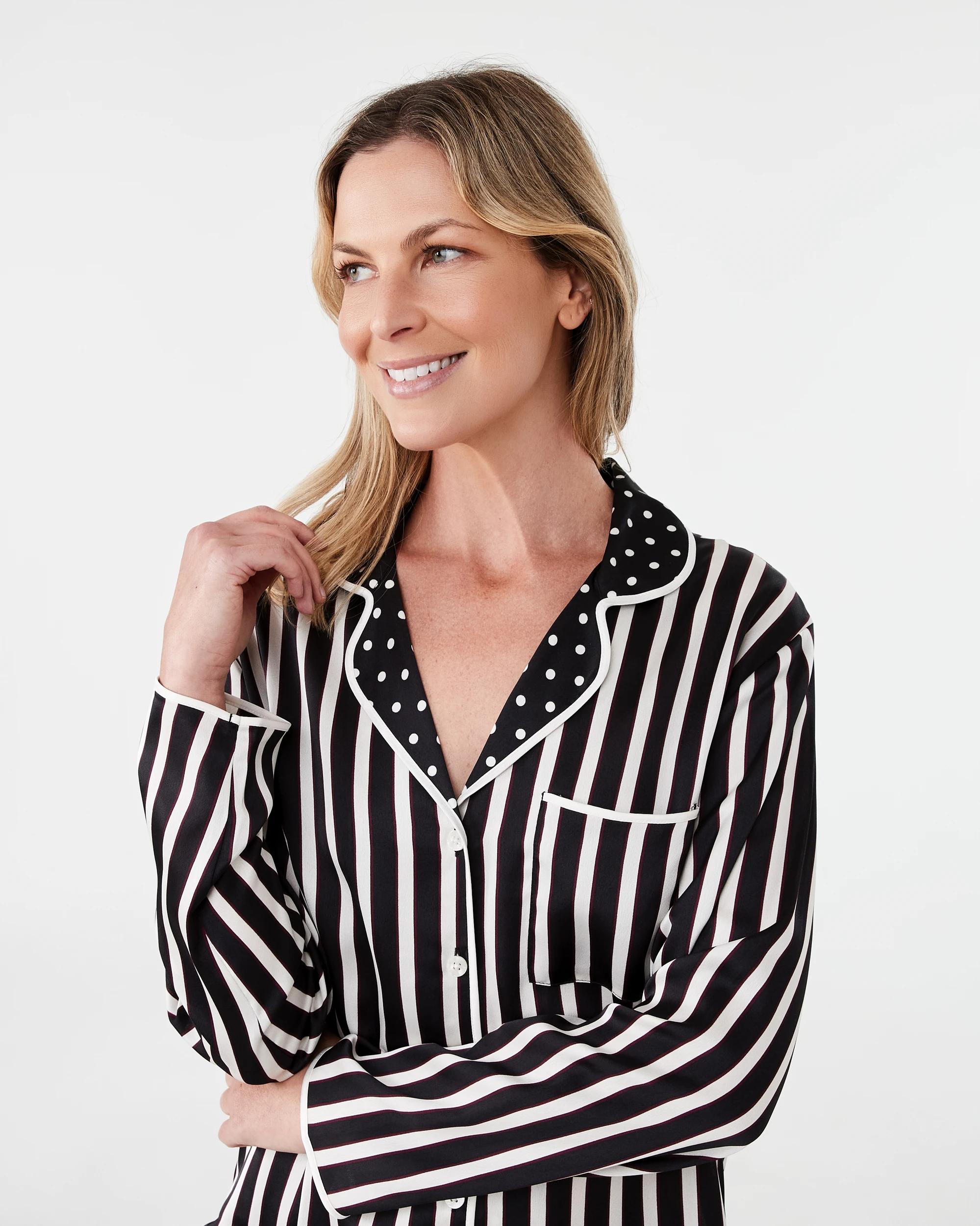 4 Matte Satin Long Sleeve Top and Pants Pyjama Set Mono Strp, 4 of 7