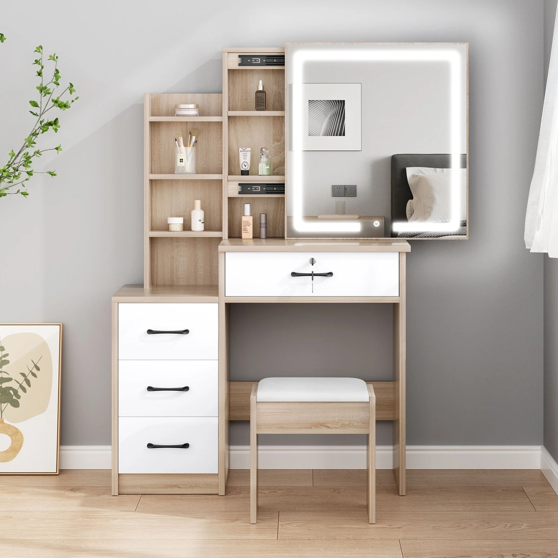 2 Alfordson Dressing Table Stool Set Makeup Mirror Vanity Desk Cabinet - Wood, 2 of 10