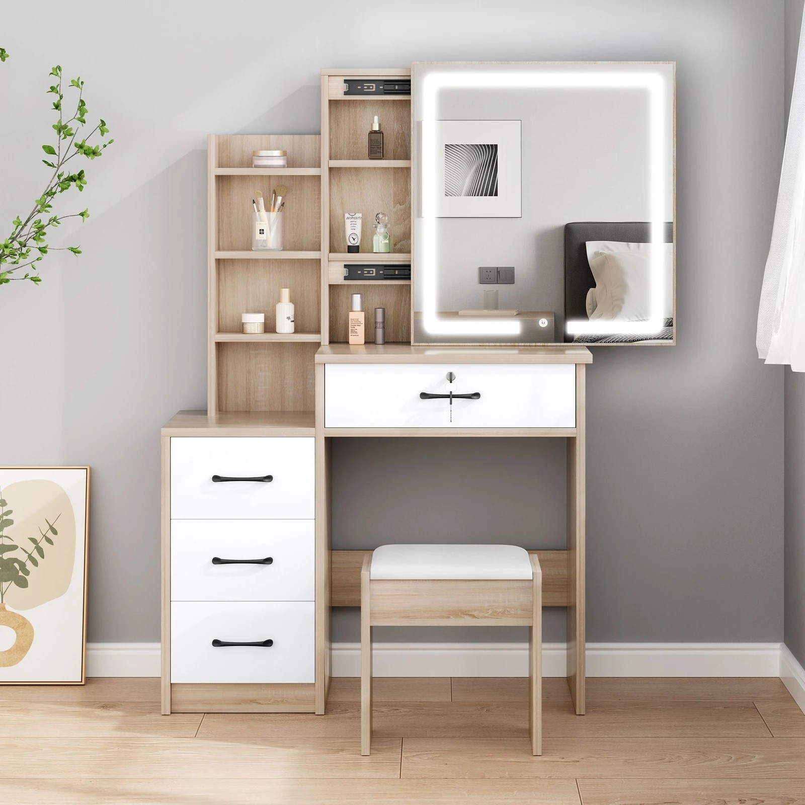 2 Alfordson Dressing Table Stool Set Makeup Mirror Vanity Desk Drawers - Wood, 2 of 10