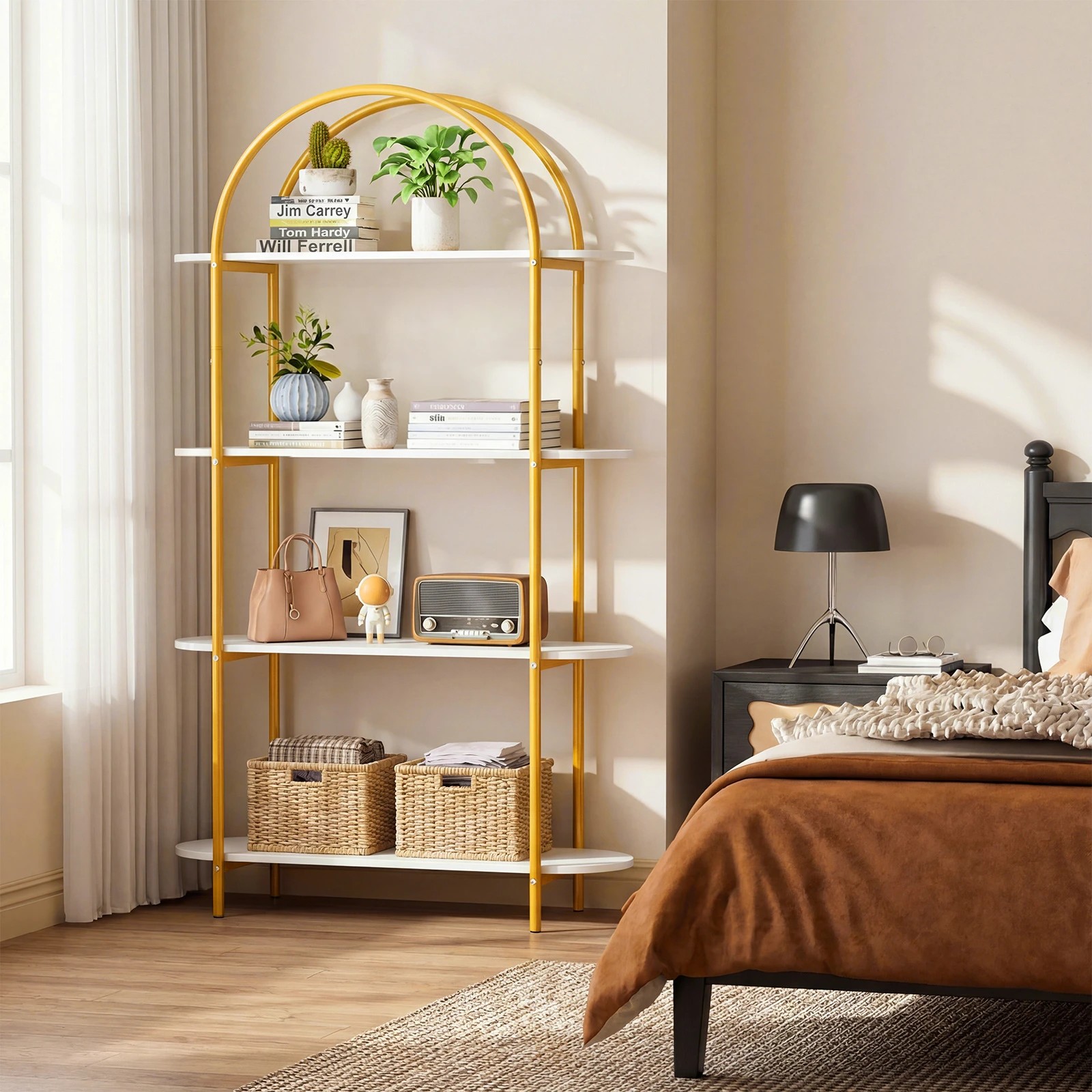 2 Costway Arched Bookshelf 4-Tier Open Bookcase Metal Display Storage Organizer Plant Stand - White, 2 of 4