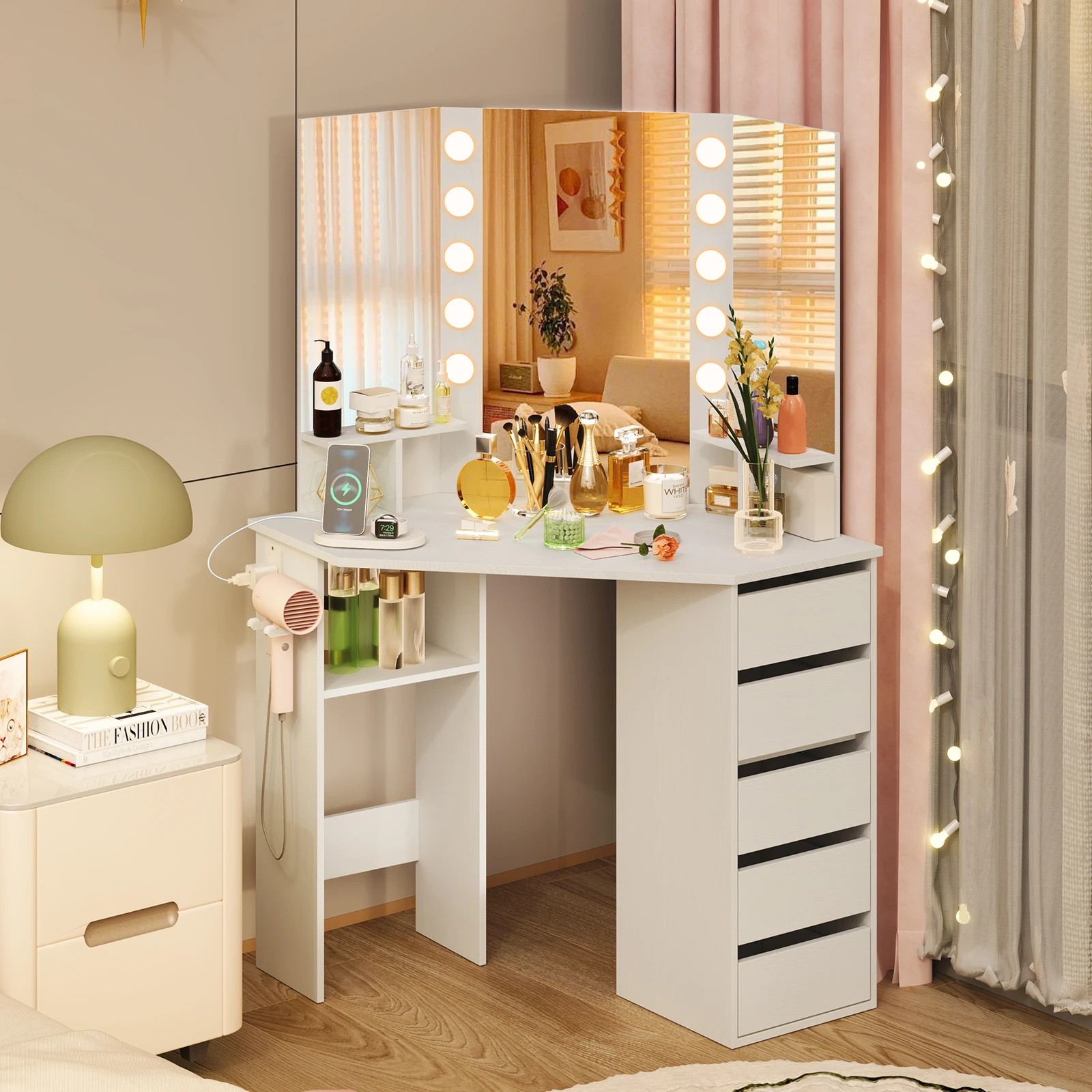 2 Costway Corner Vanity Desk w/Power Outlets & Drawers Makeup Dressing Table, 2 of 4