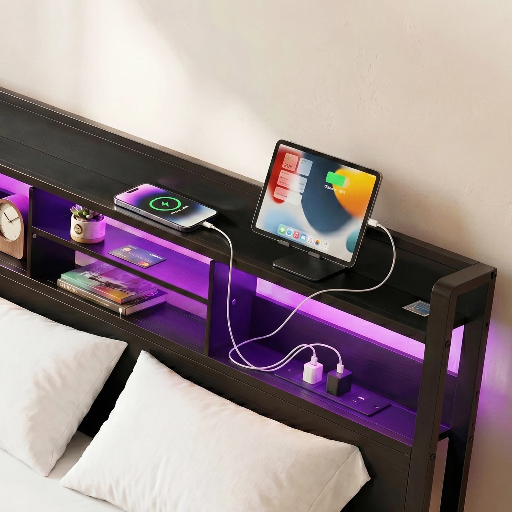 4 Artiss Bed Frame Queen with Charging Station Storage Organizer Drawers LED ZAC - Black, 4 of 8