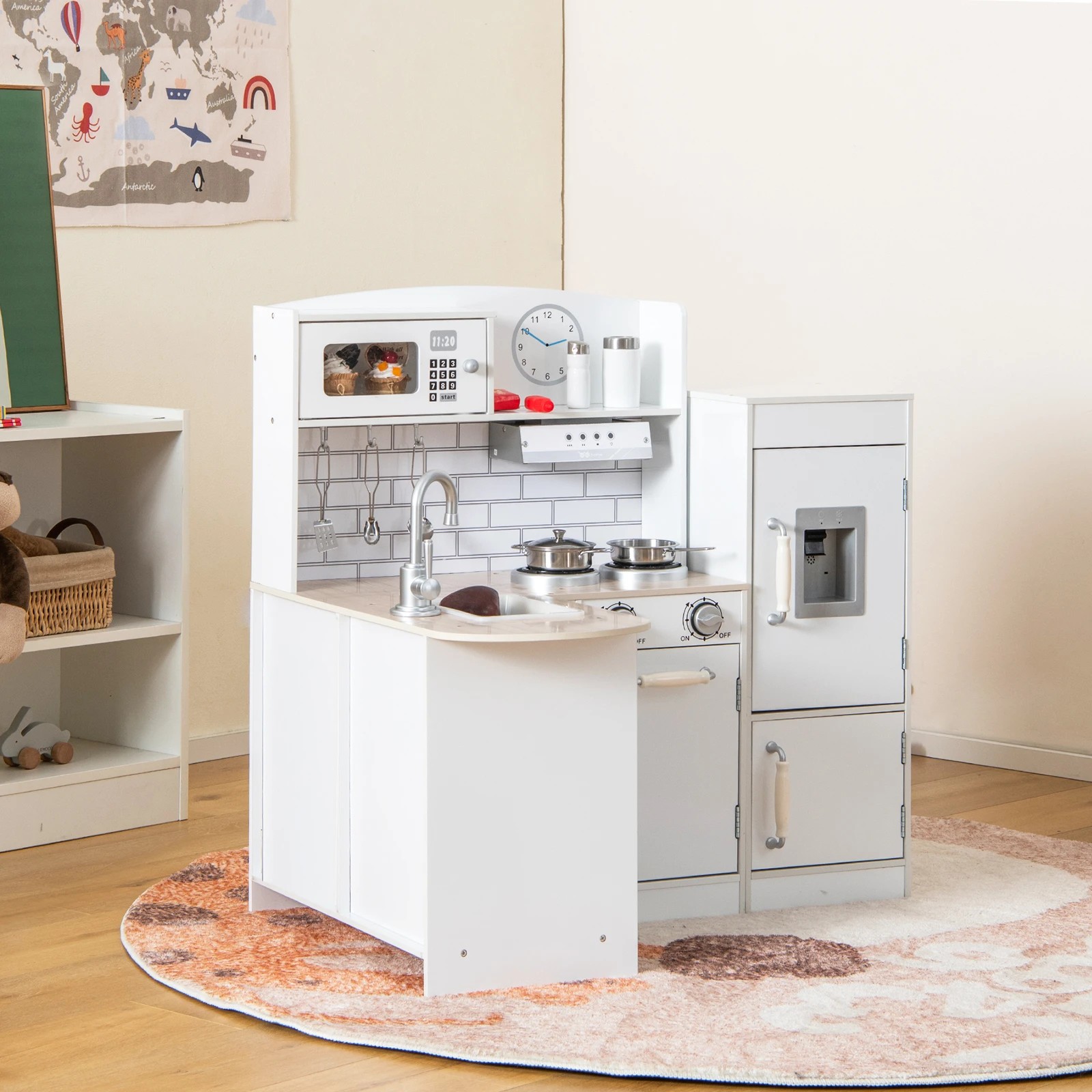 2 Costway Corner Kitchen Playset Wood Pretend Cooking Toys w/Sound - White, 2 of 2