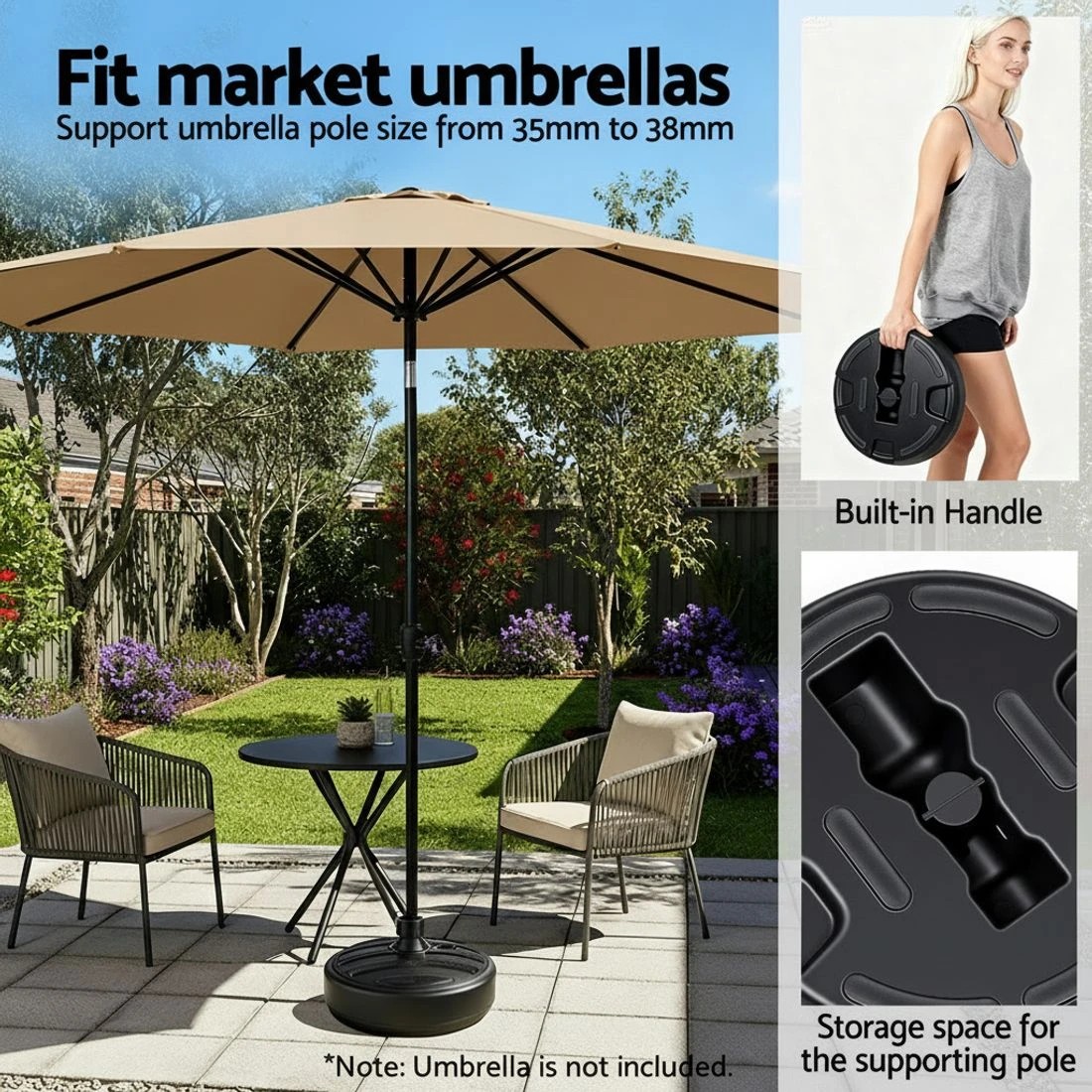 4 Instahut Outdoor Umbrella Base Weight Round Plastic Pole Holder 35-38mm Beach - Black, 4 of 6