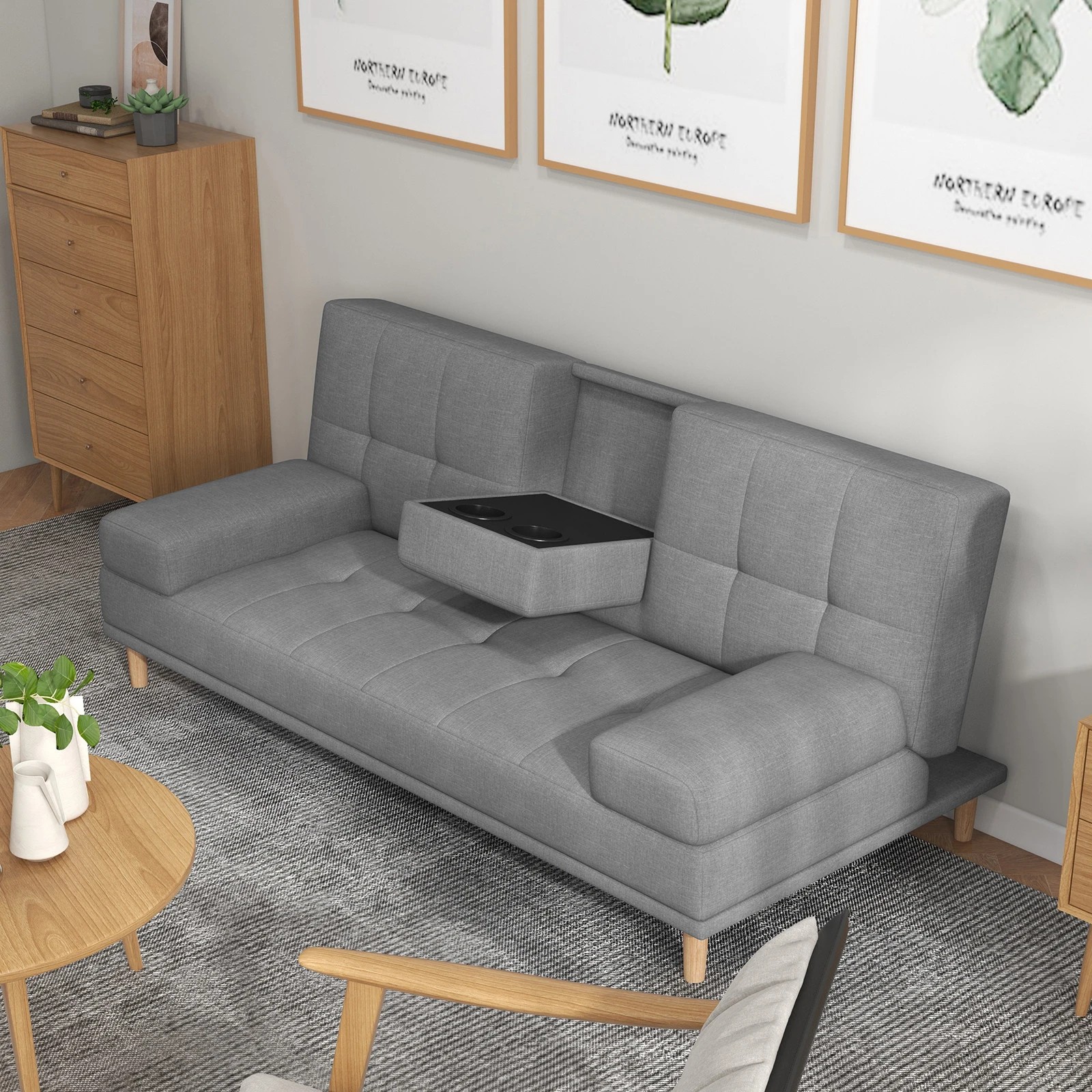 6 Casa Decor Mendoza 2 in 1 Sofa Bed Couch Pull Down Cupholder 3 Seats Futon Grey - Grey, 6 of 8